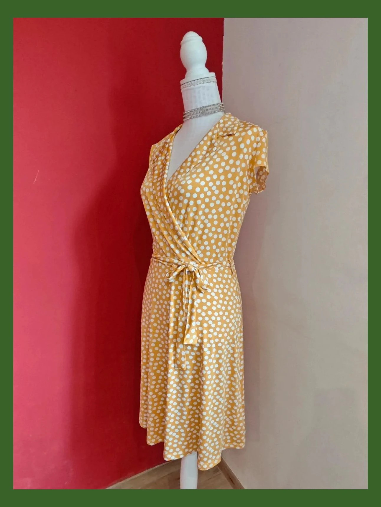🌺Estiloso vestido camisero cruzado en pecho tono mostaza con círculos blancos – Venca – taille M / 38 / 10 2