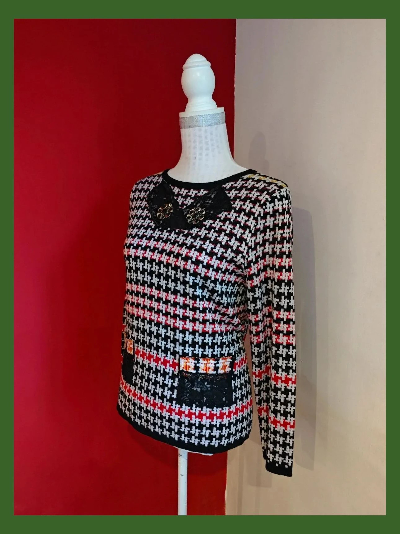 🌺 Bonito jersey estampado pata de gallo tonos negro, rojo y blanco, talla M – Elvet collection – taille M / 38 / 10 2