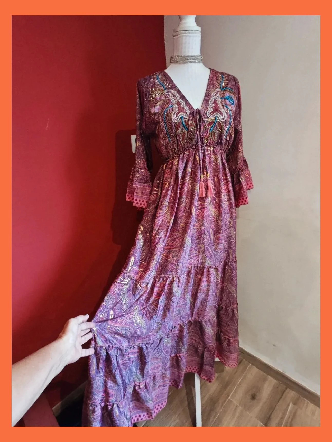 🌺 Espectacular vestido largo de seda estilo boho estampado cachemir tonos rosas y dorados – boho fashion – taille XXXL / 46 / 18 2