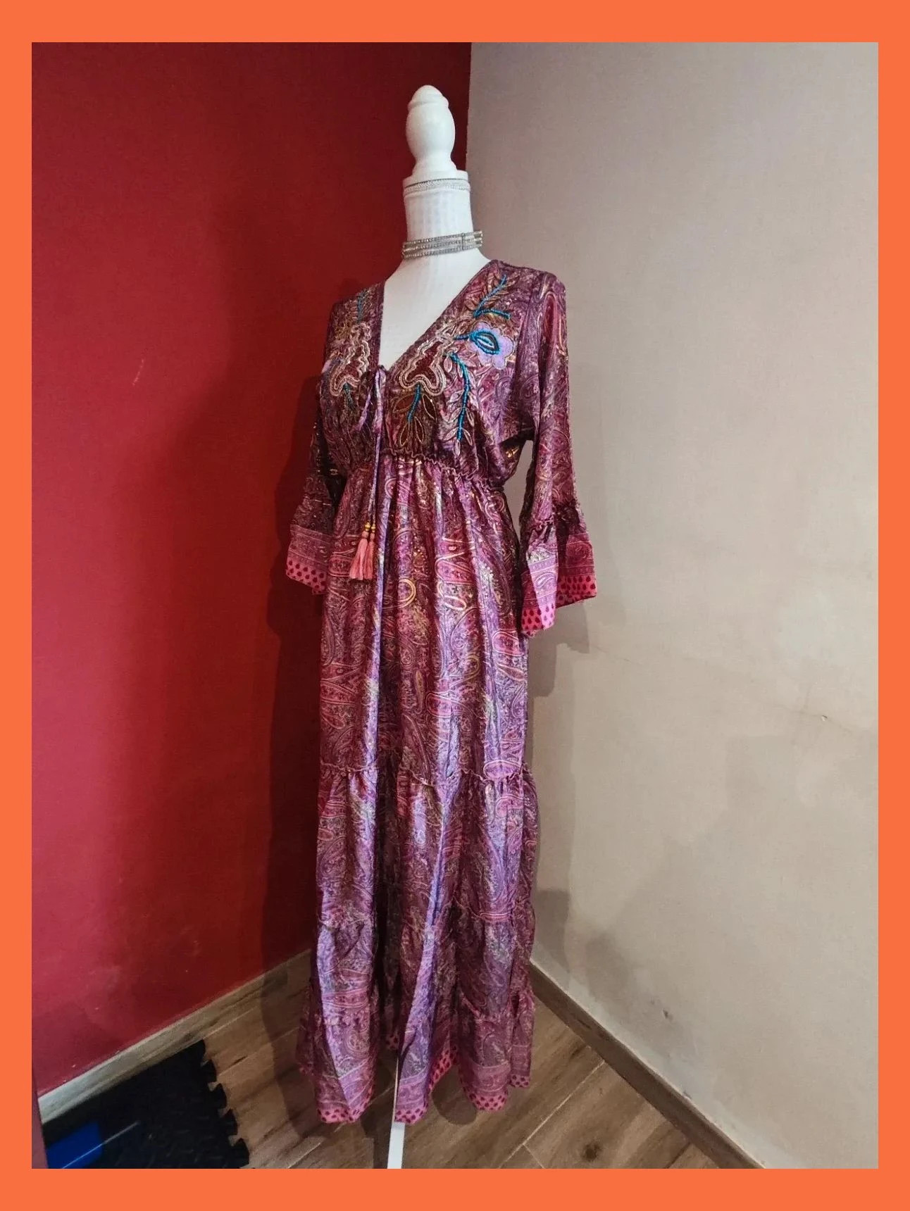 🌺 Espectacular vestido largo de seda estilo boho estampado cachemir tonos rosas y dorados – boho fashion – taille XXXL / 46 / 18 3