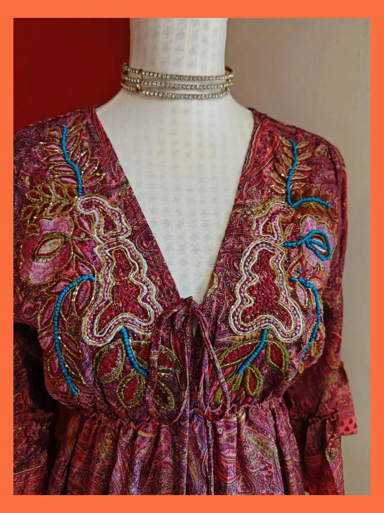 🌺 Espectacular vestido largo de seda estilo boho estampado cachemir tonos rosas y dorados – boho fashion – taille XXXL / 46 / 18 4