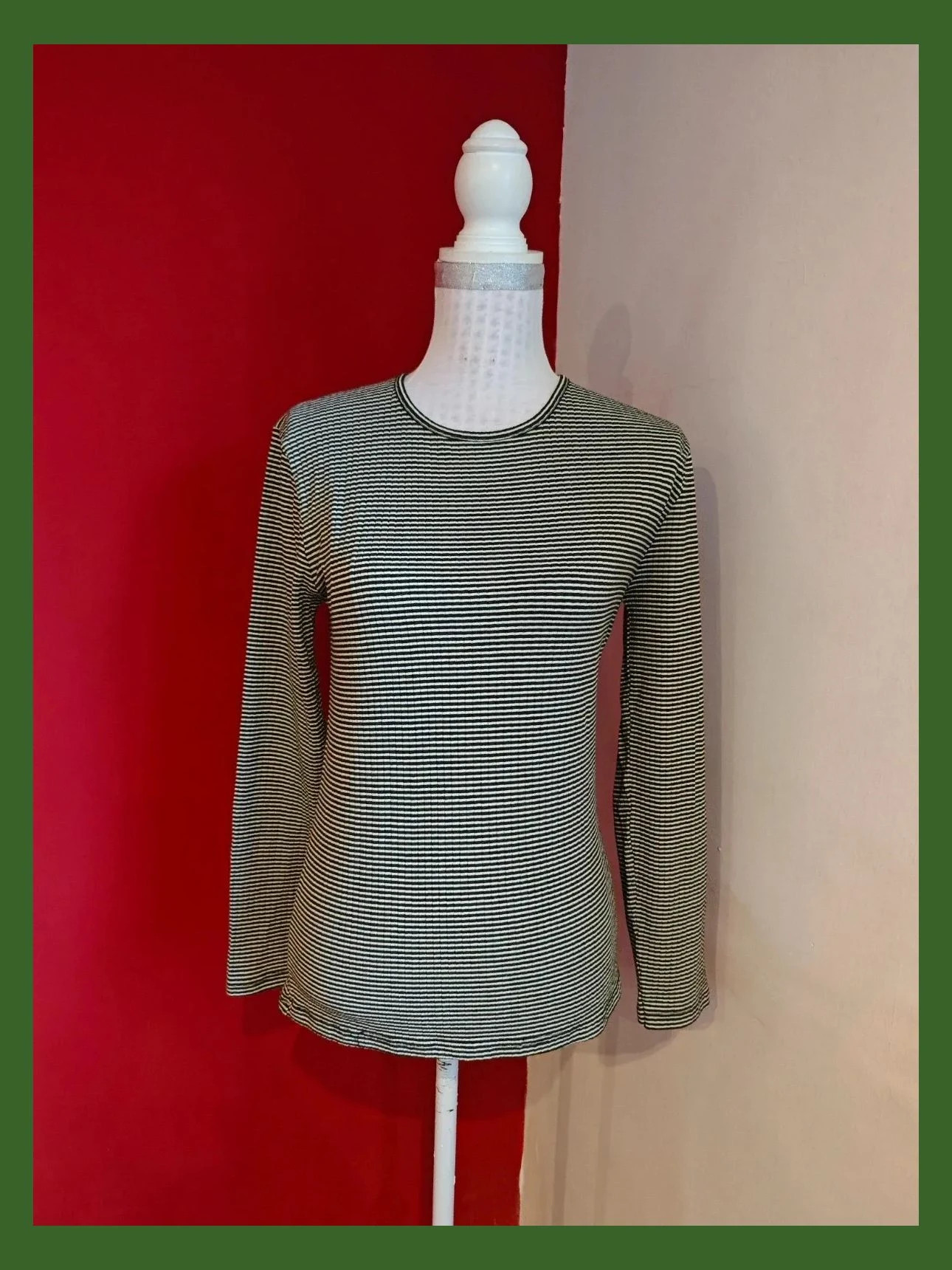 🌺 Camiseta manga larga con rayas blancas y verde oscuro – taille M / 38 / 10