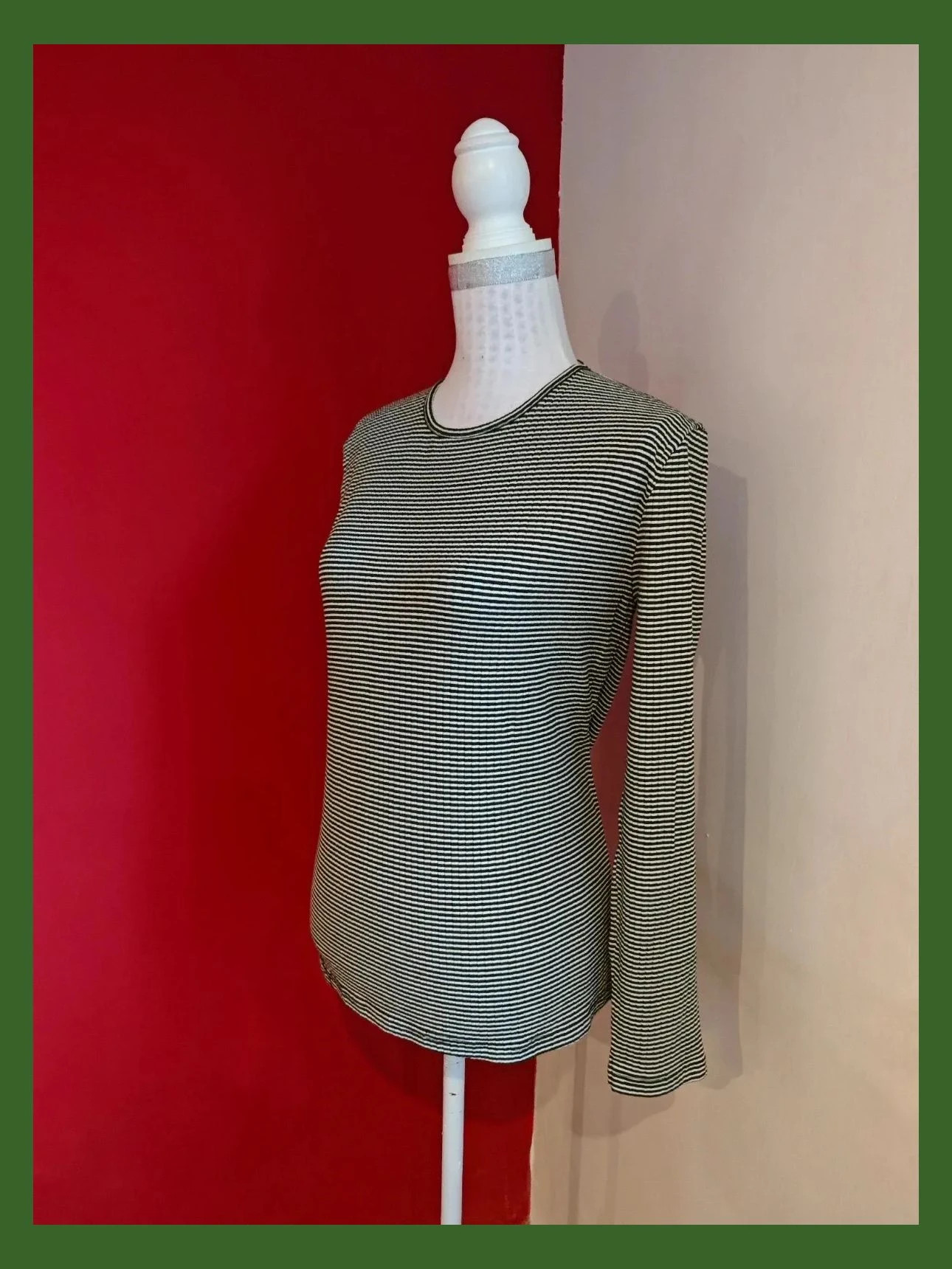 🌺 Camiseta manga larga con rayas blancas y verde oscuro – taille M / 38 / 10 2