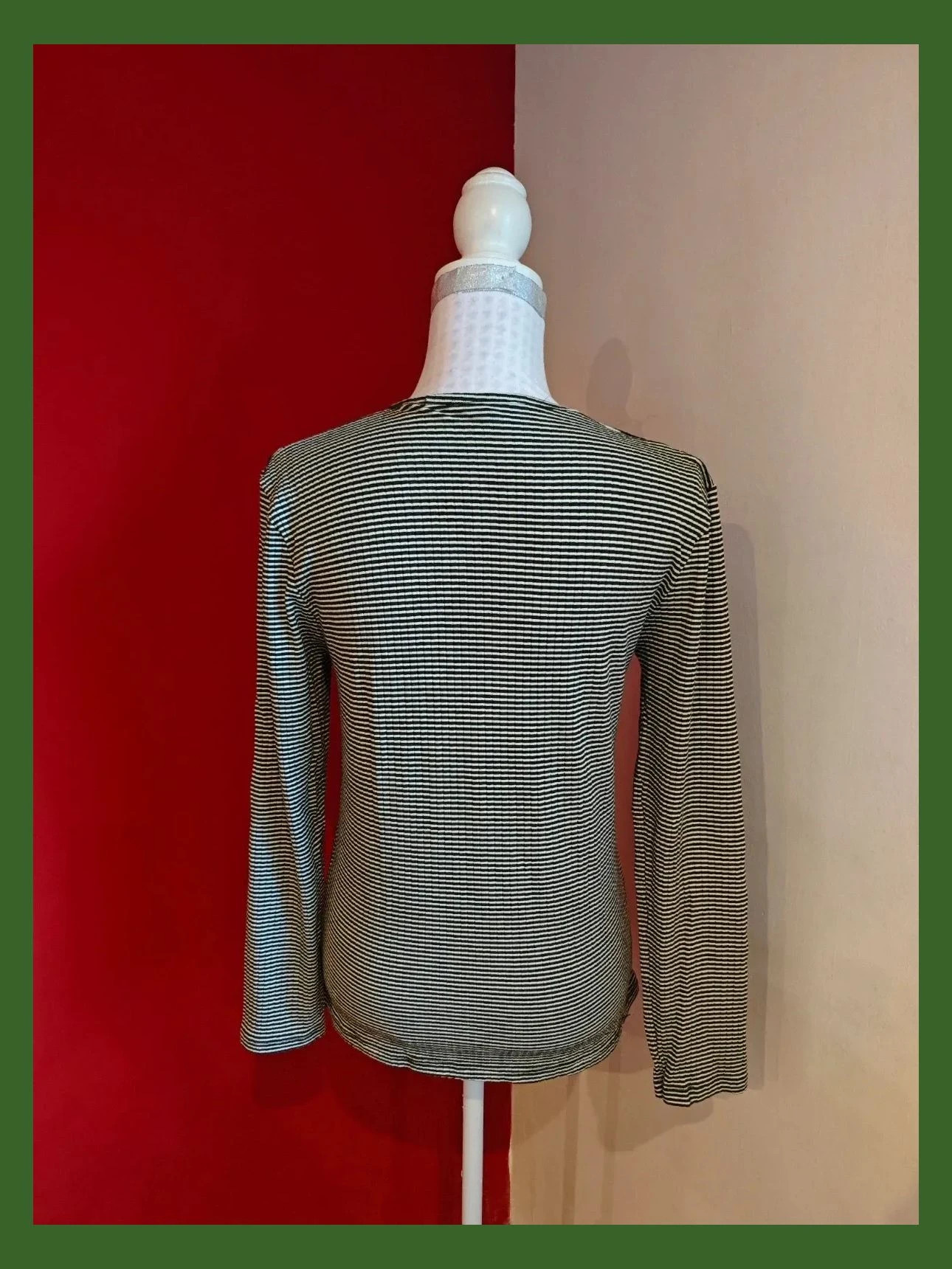 🌺 Camiseta manga larga con rayas blancas y verde oscuro – taille M / 38 / 10 4