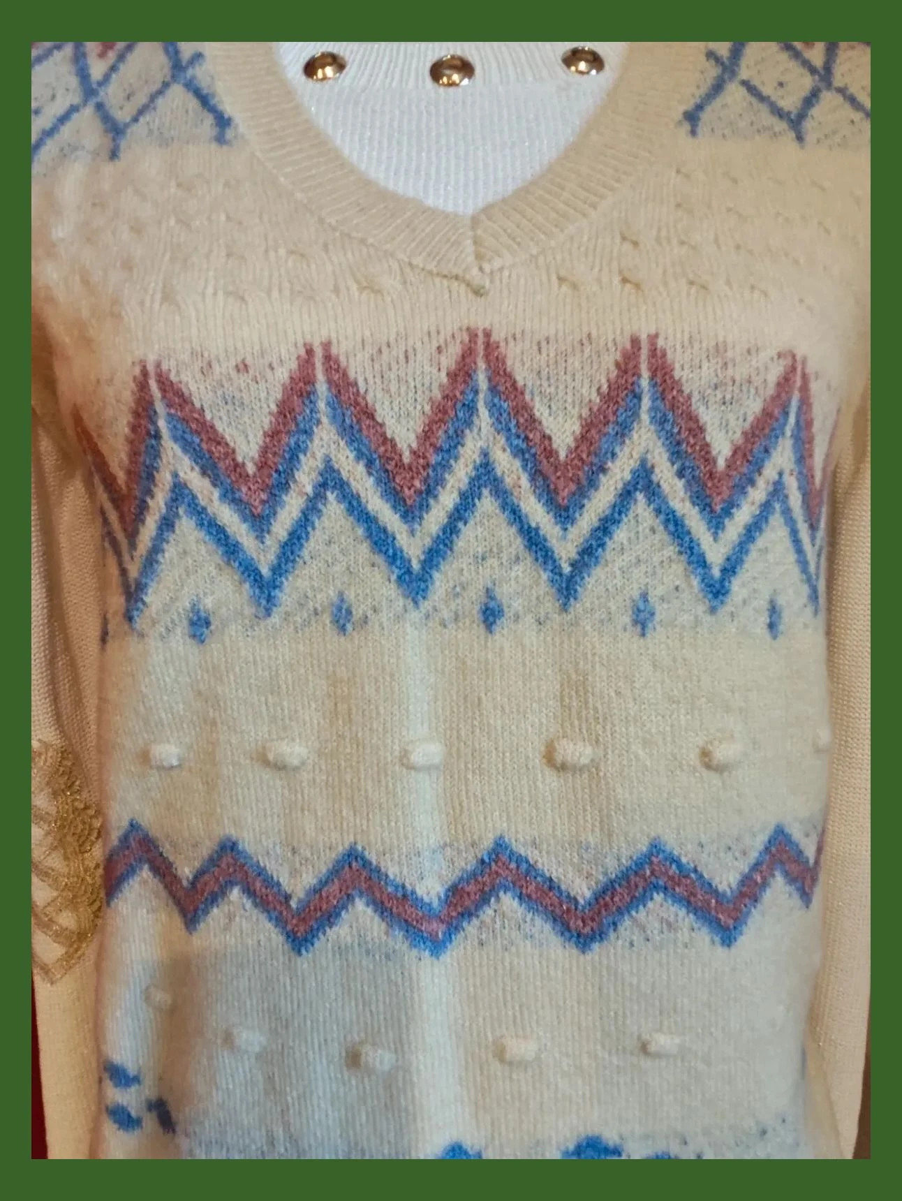 🌺 Bonito chaleco de punto muy suave beige con grecas azul y rosa – Corazon – taille XL / 42 / 14 4