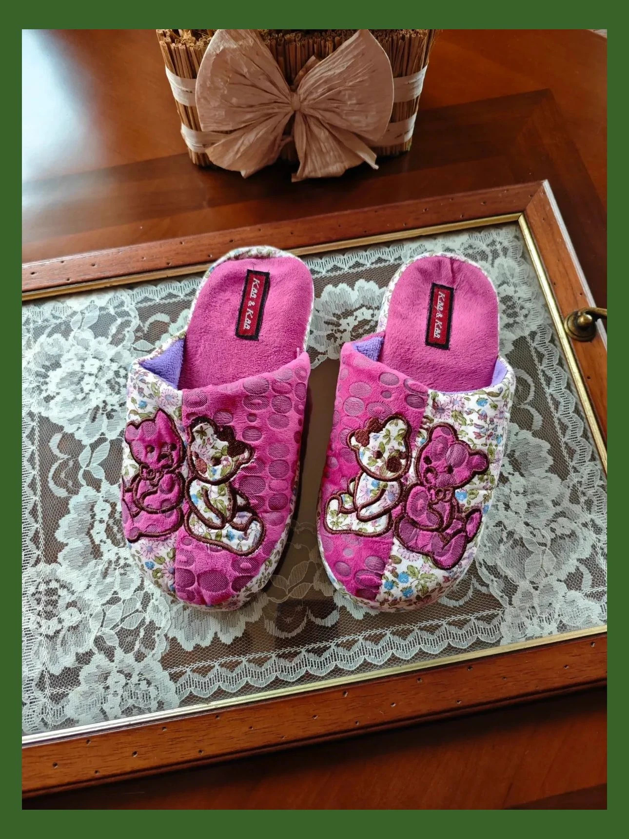 🌺Cómodas zapatillas para casa de tejido polar y tela floreada con ositos cosidos – k88 & k88 – taille 38 2