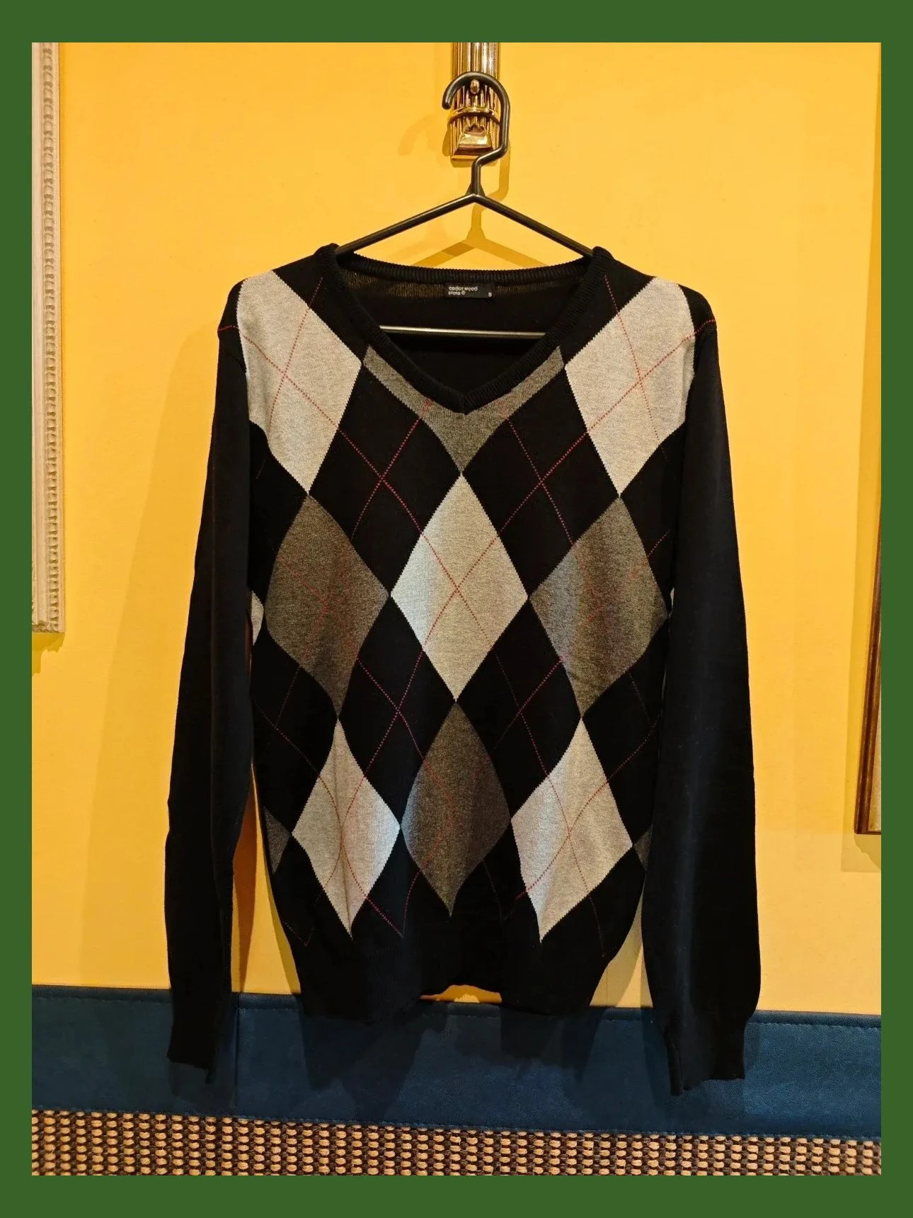 🌺 Jersey de algodón con cuello de pico negro con rombos tonos grises y negros en la parte delantera – Cedar Wood State – taille M 2