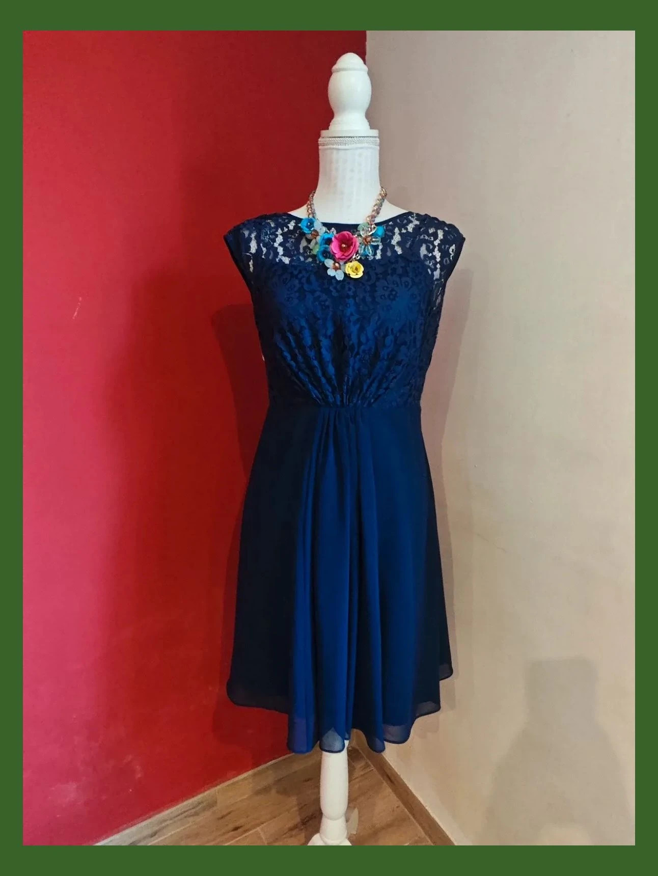 🌺 Elegante vestido de gasa y blonda azul marino – Coast – taille L / 40 / 12 2