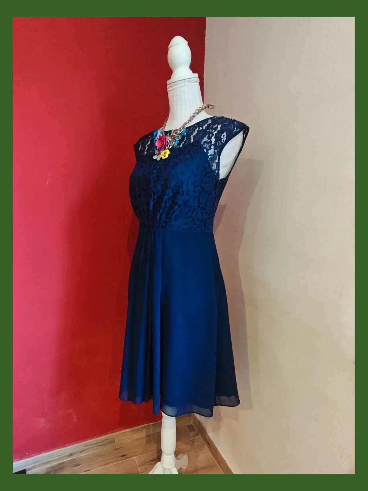 🌺 Elegante vestido de gasa y blonda azul marino – Coast – taille L / 40 / 12 3