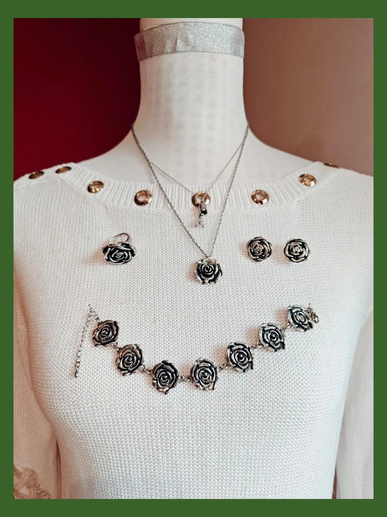🌺 Precioso conjunto vintage de colgante, anillo, pendientes y pulsera plateados
