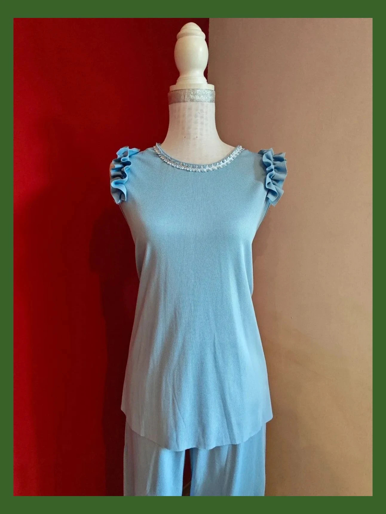 🌺 Divino conjunto de top y pantalón de punto fino azul clarito, con un 72% de algodón – Elisa – taille XL / 42 / 14 3
