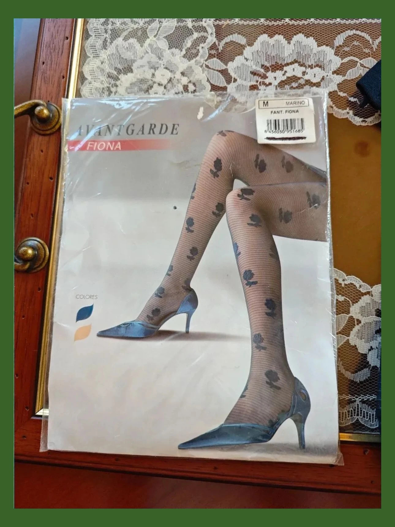 🌺Pantys de fantasía azul marino con flores sobre transparente sedoso – Fiona – taille M / 38 / 10 4