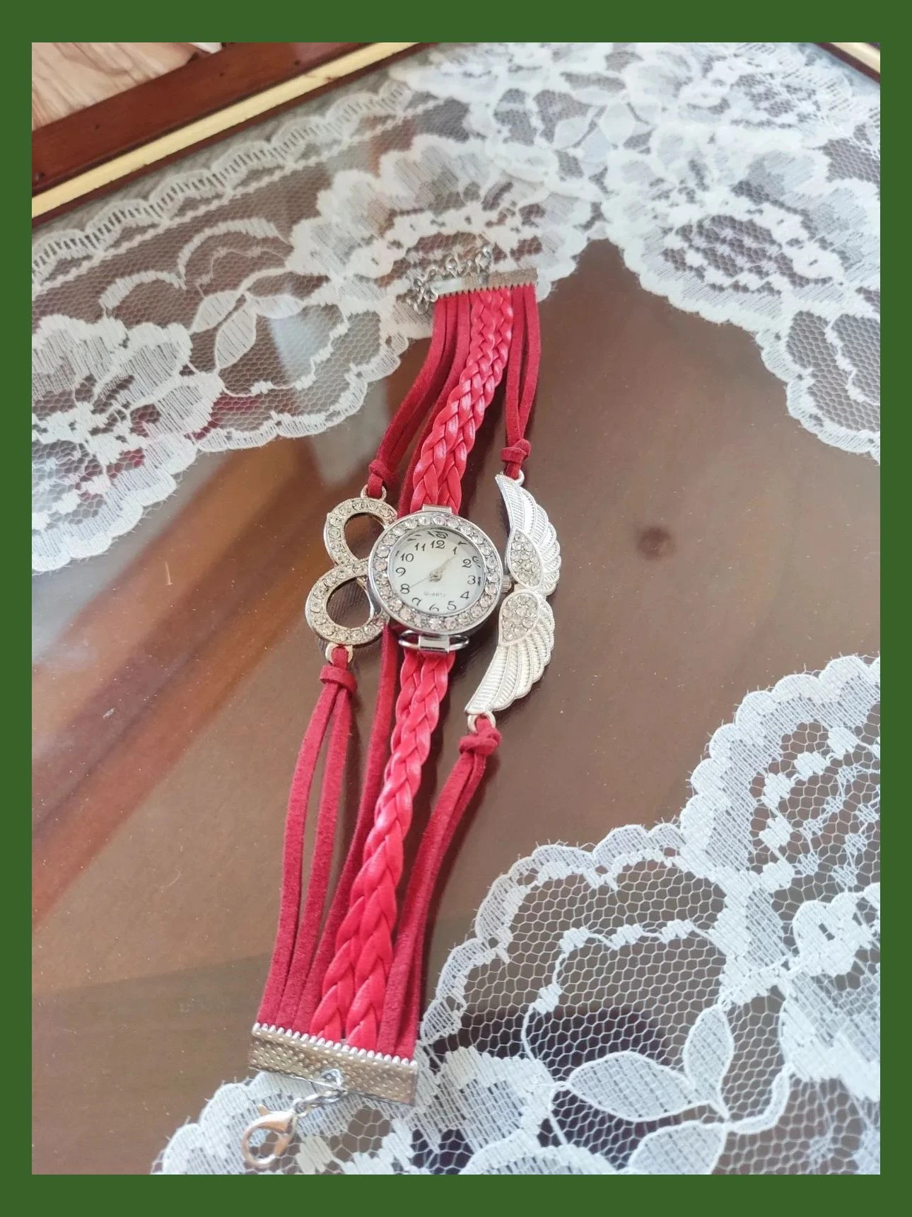 🌺Reloj con pulseras rojas plateado con brillantes – taille Taille unique 5