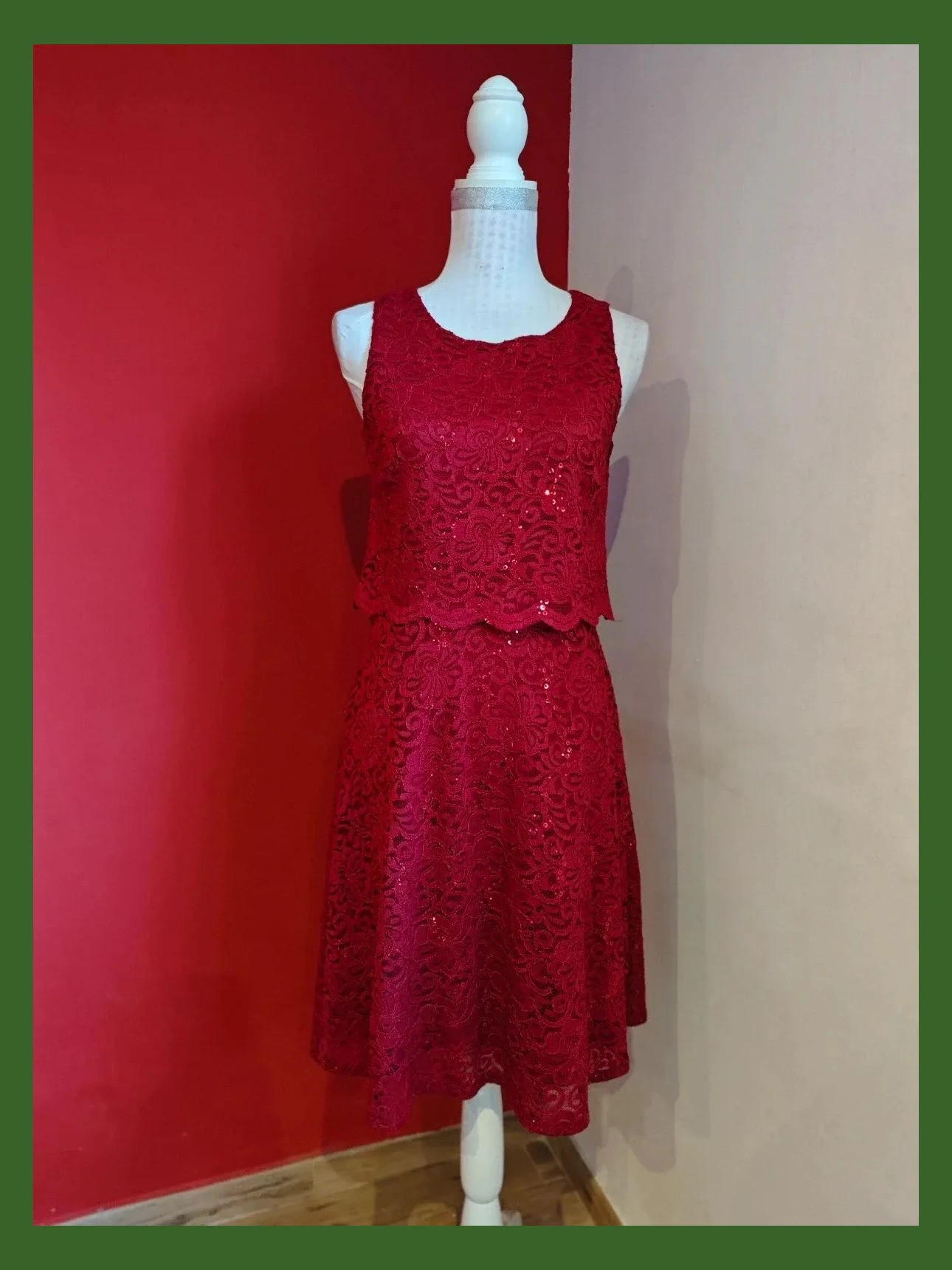 🌺 Elegante vestido de blonda roja con lentejuelas, talla S