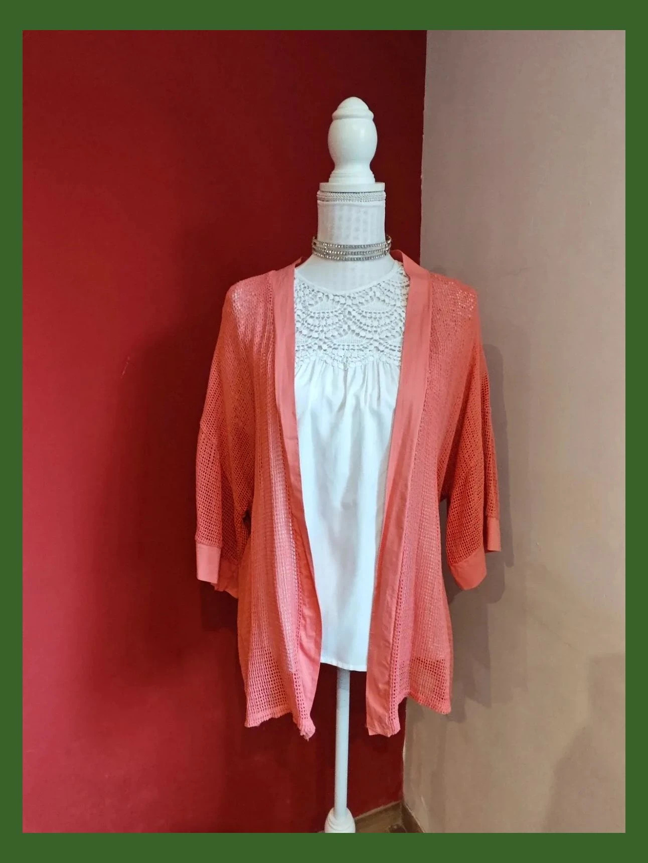 🌺 Rebeca de verano tejido de malla de algodón tono coral – Made In Italy – taille XXXL / 46 / 18