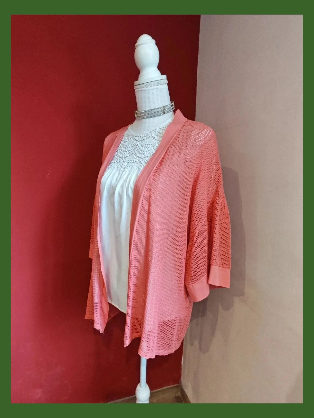 🌺 Rebeca de verano tejido de malla de algodón tono coral – Made In Italy – taille XXXL / 46 / 18 2