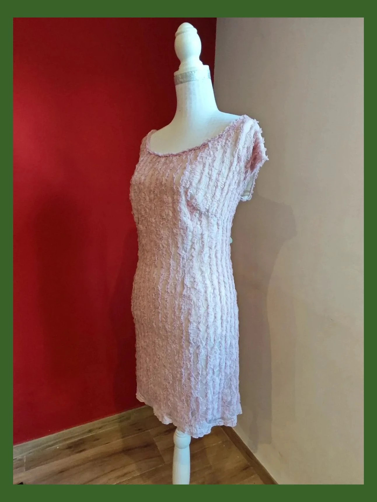 🌺 Vestido de gasa elástica rosa con volantitos cosidos – Vintage Dressing – taille XXXL / 46 / 18 2