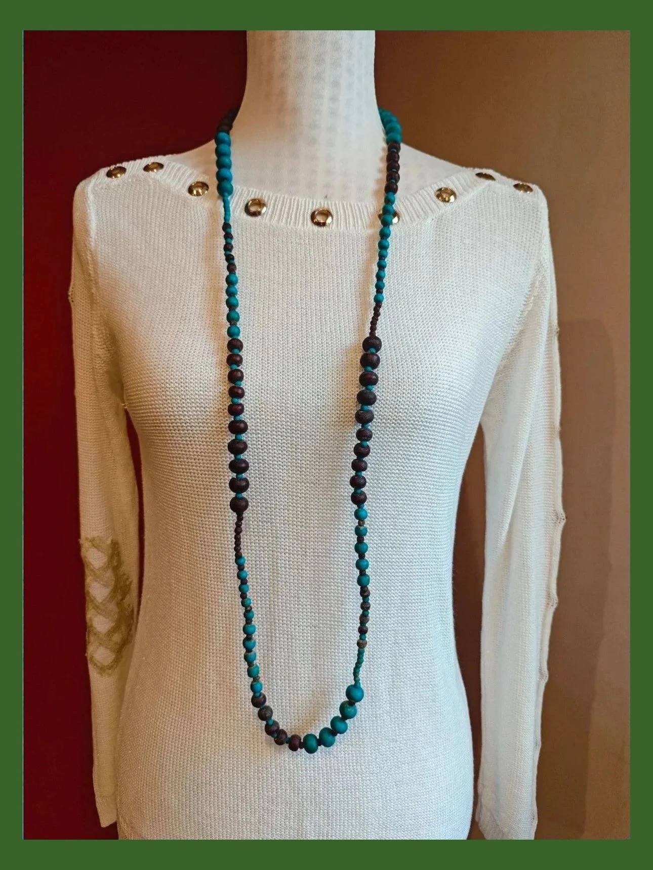 🌺 Collar largo de cuentas de madera color marrón y turquesa 2