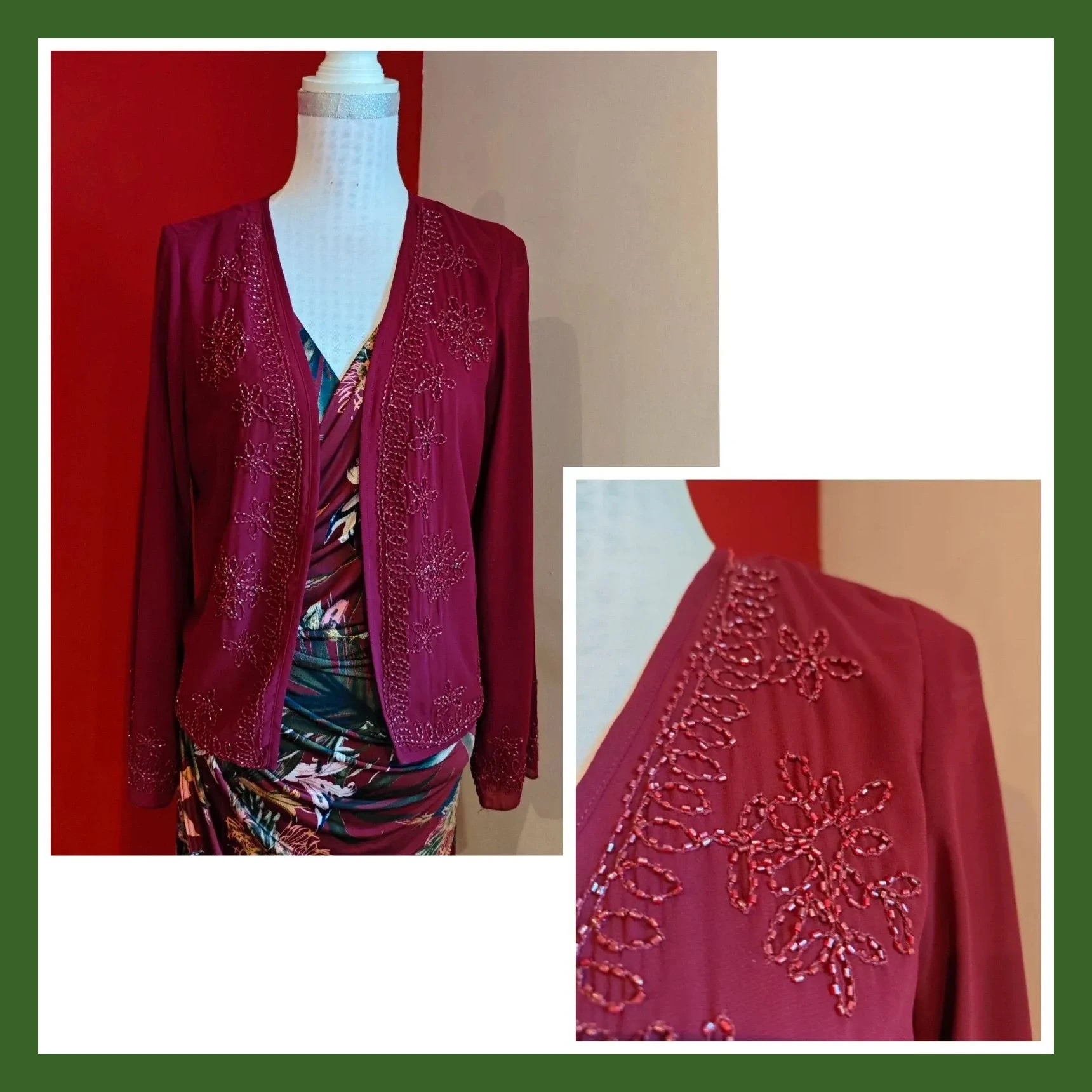 🌺 Bonita chaqueta de gasa granate con abalorios en bordes