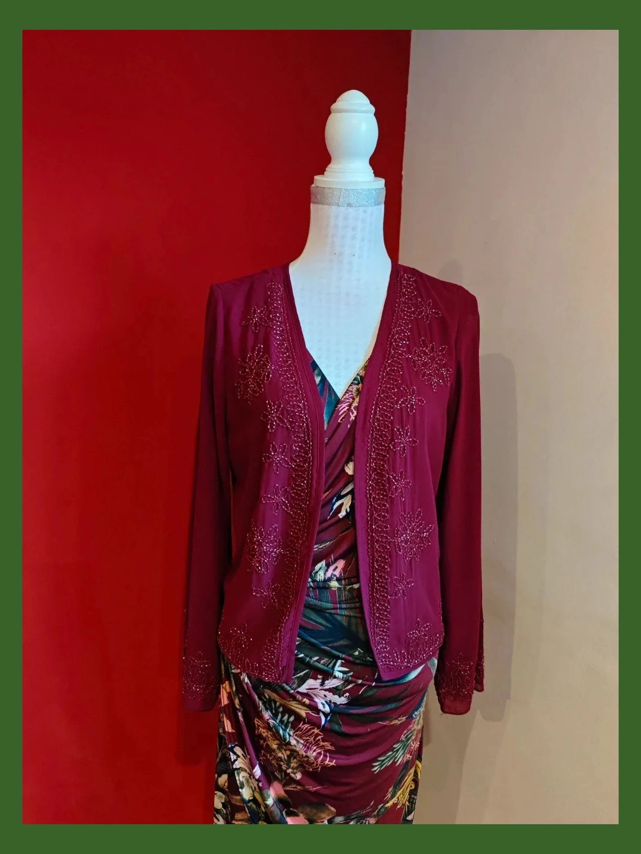 🌺 Bonita chaqueta de gasa granate con abalorios en bordes – Top Queens – taille L / 40 / 12 2