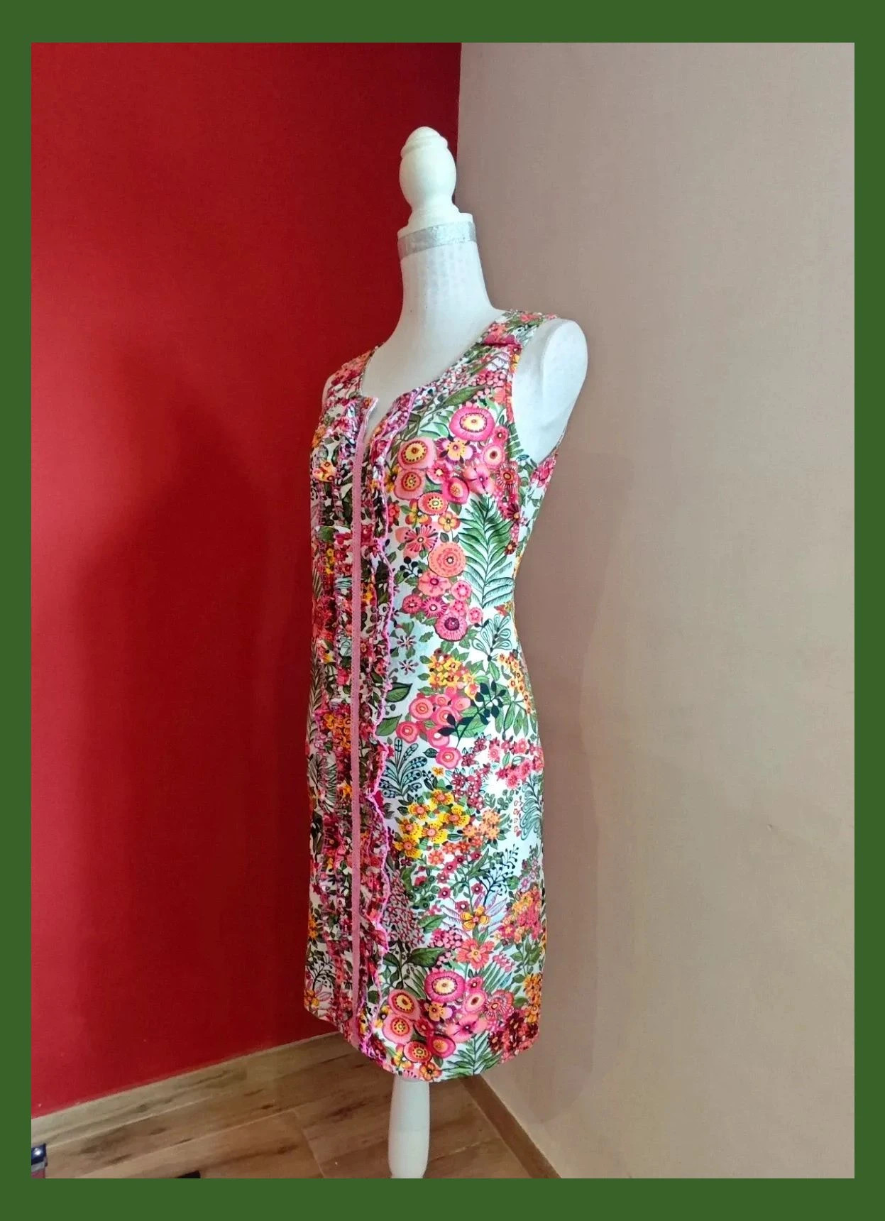🌺 Bonito vestido de algodón estampado floral con volantes delante y cinta de crochet rosa – Tonala – taille XL / 42 / 14 2