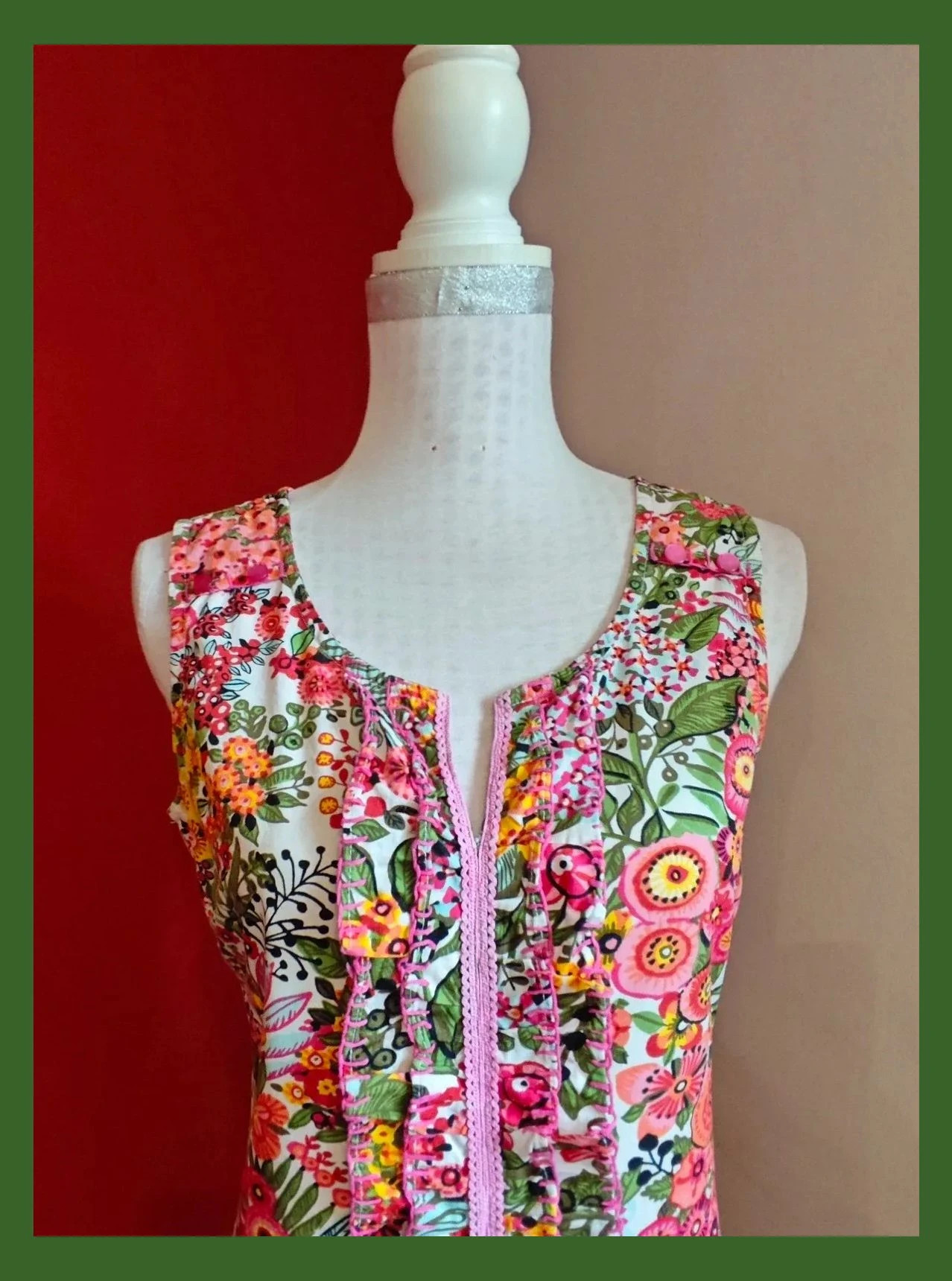 🌺 Bonito vestido de algodón estampado floral con volantes delante y cinta de crochet rosa – Tonala – taille XL / 42 / 14 3