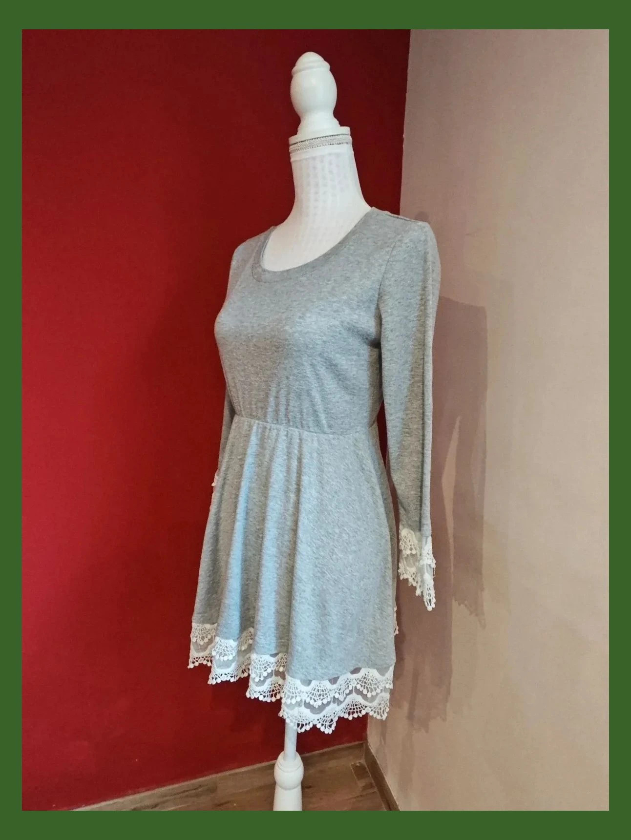 🌺 Vestido de punto camiseta de algodón gris con crochet blanco en puños y bajo – Poète – taille M / 38 / 10 2