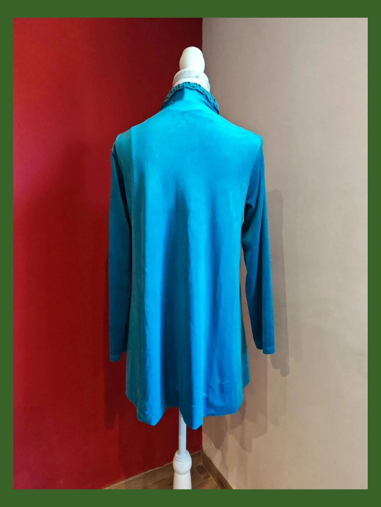 🌺Bonita chaqueta de terciopelo azul turquesa con cinta de pasamaneríacon flores marrón – Made In Italy – taille 4XL / 48 / 20 4