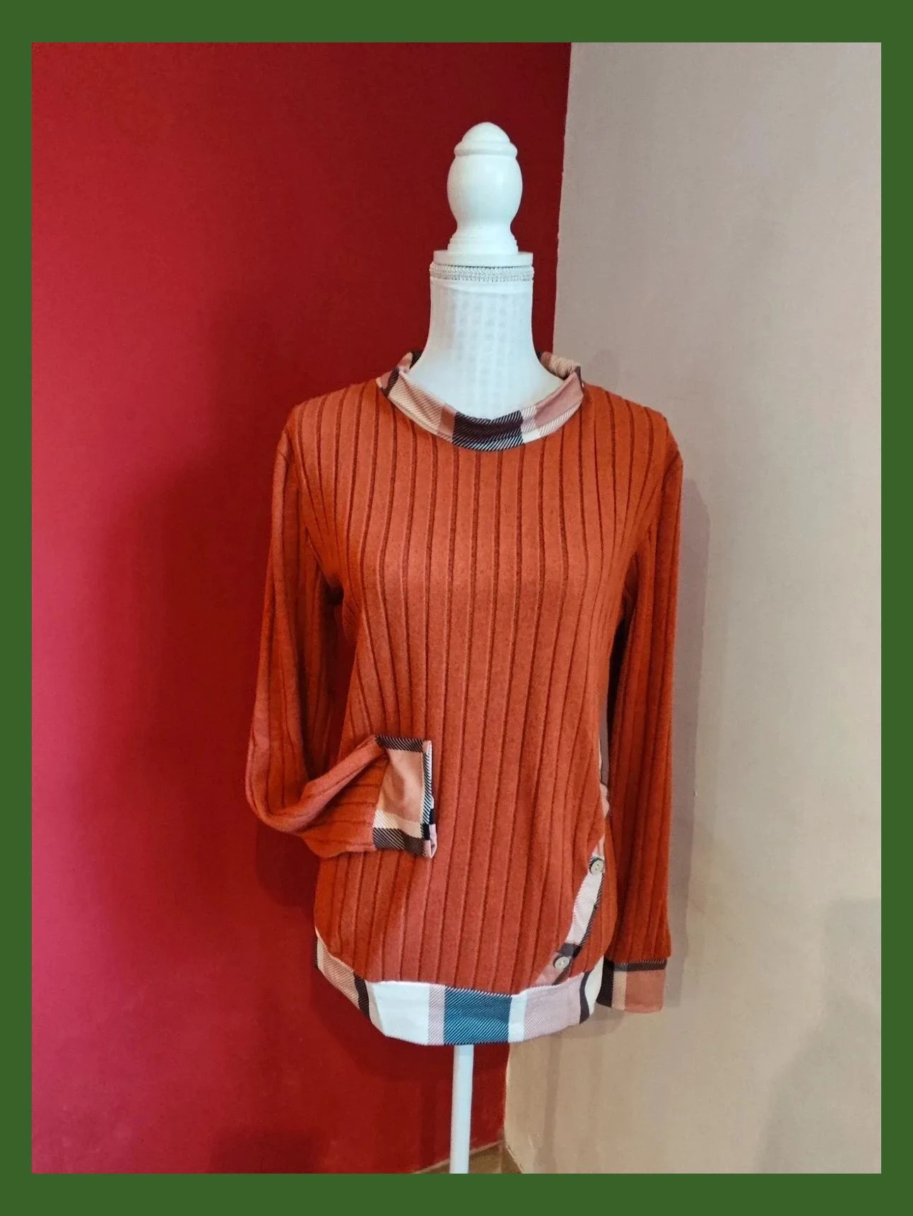 🌺 Original camiseta de punto suave acanalado con tela a contraste a cuadros en cuello puños y bajo