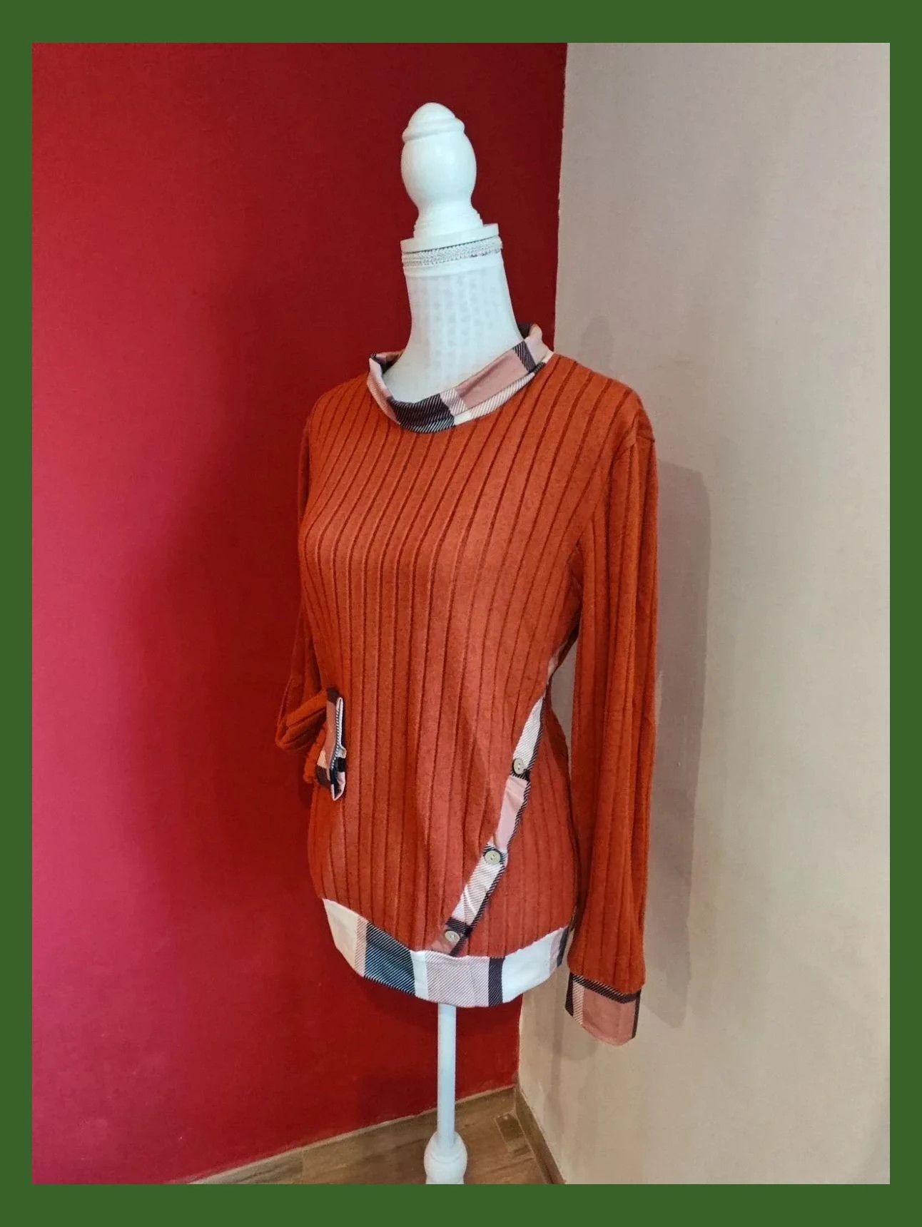 🌺 Original camiseta de punto suave acanalado con tela a contraste a cuadros en cuello puños y bajo – boutique local – taille XL / 42 / 14 2