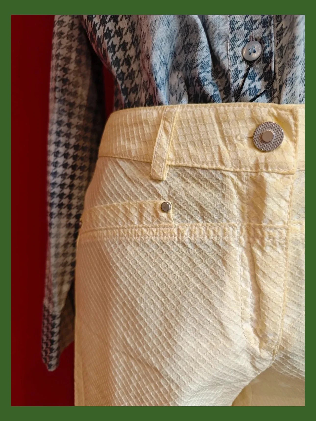 🌺 Bonito pantalón de algodón amarillo clarito, con relieves tipo rejilla, talla 40 – Didi – taille L / 40 / 12 3