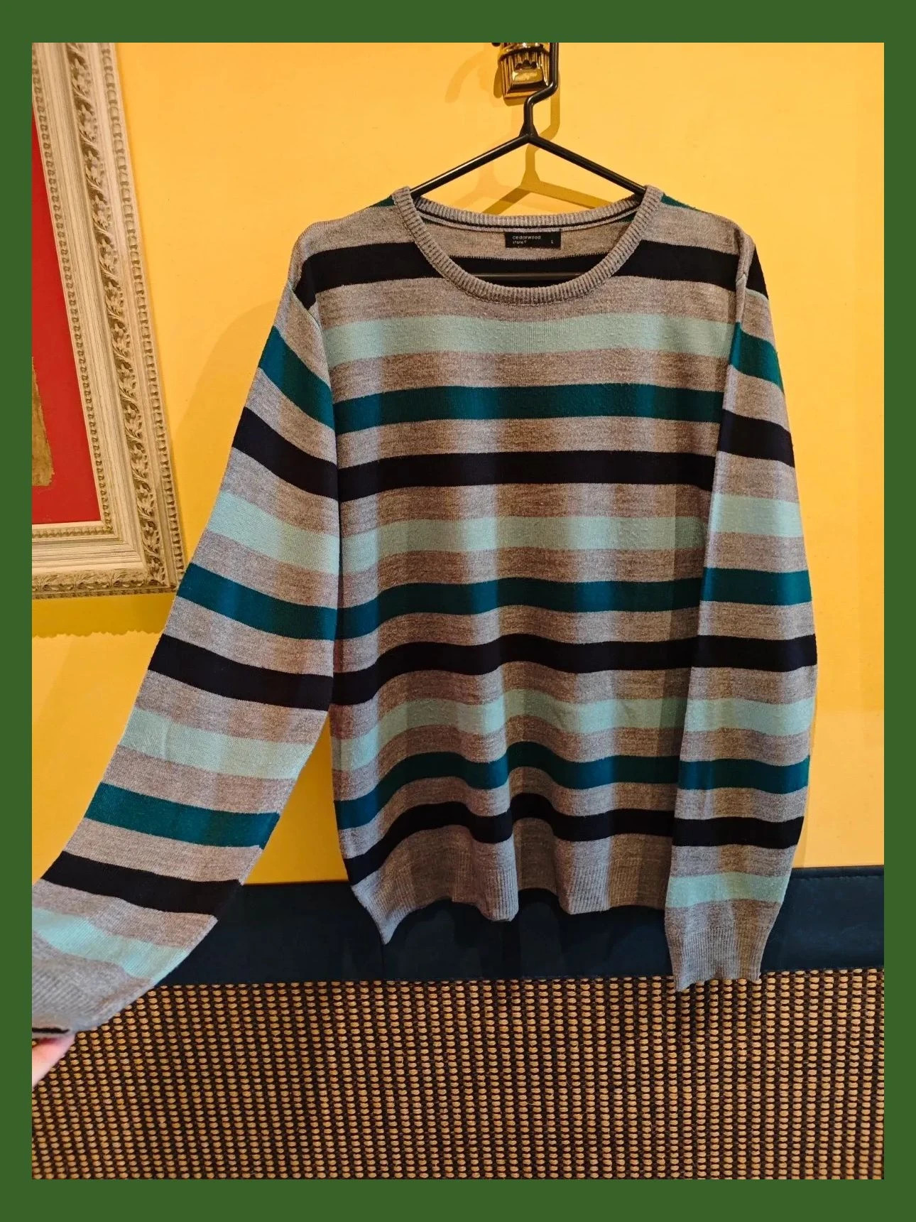 🌺 Jersey de cuello redondo con franjas grises, negras y tonos verdes – Cedar Wood State – taille XL 2