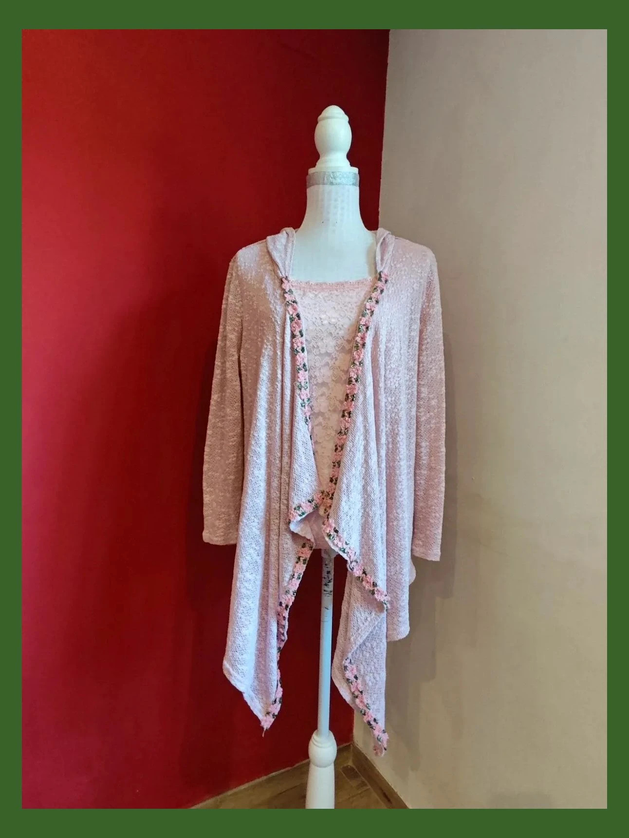 🌺Original chaqueta de punto de algodón rosa jaspeado con pasamanería bordada