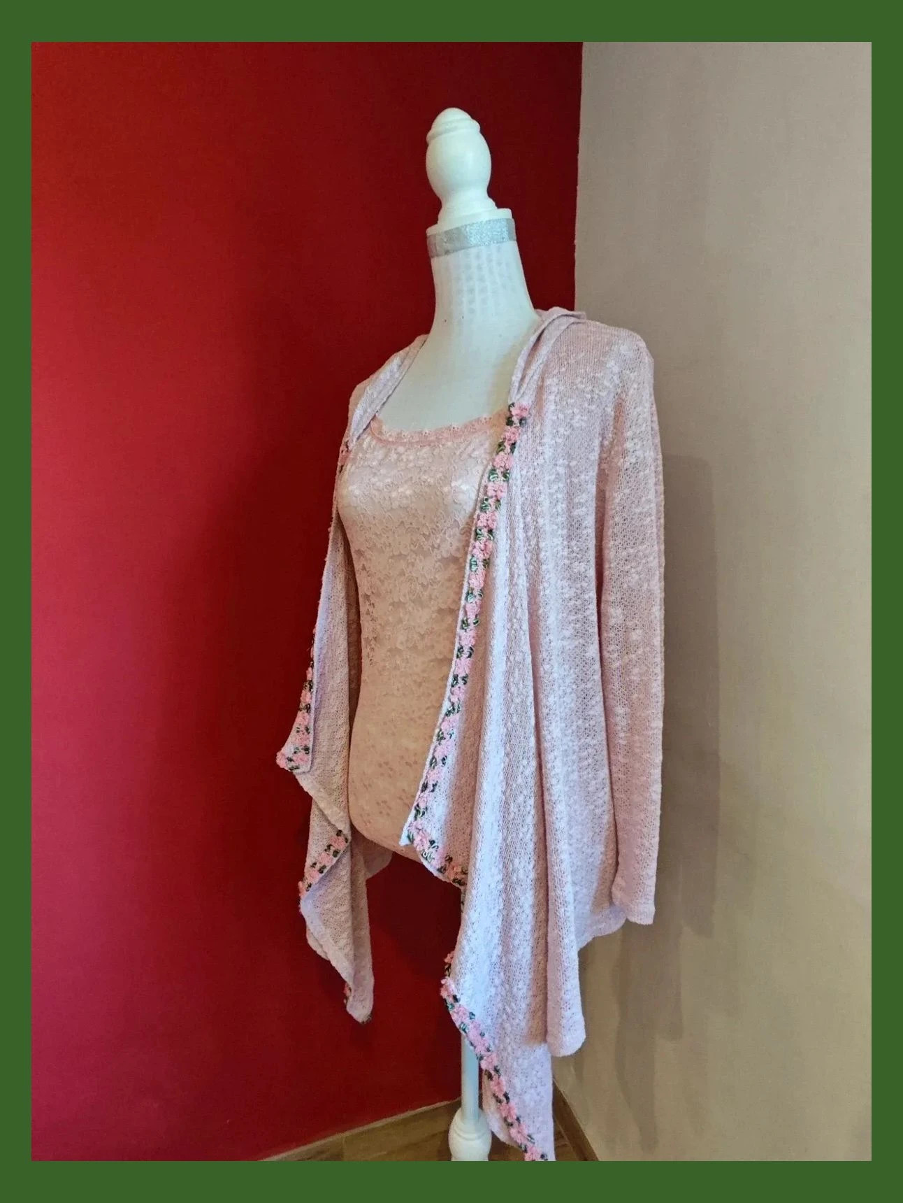 🌺Original chaqueta de punto de algodón rosa jaspeado con pasamanería bordada – Colours of the World – taille 4XL / 48 / 20 2
