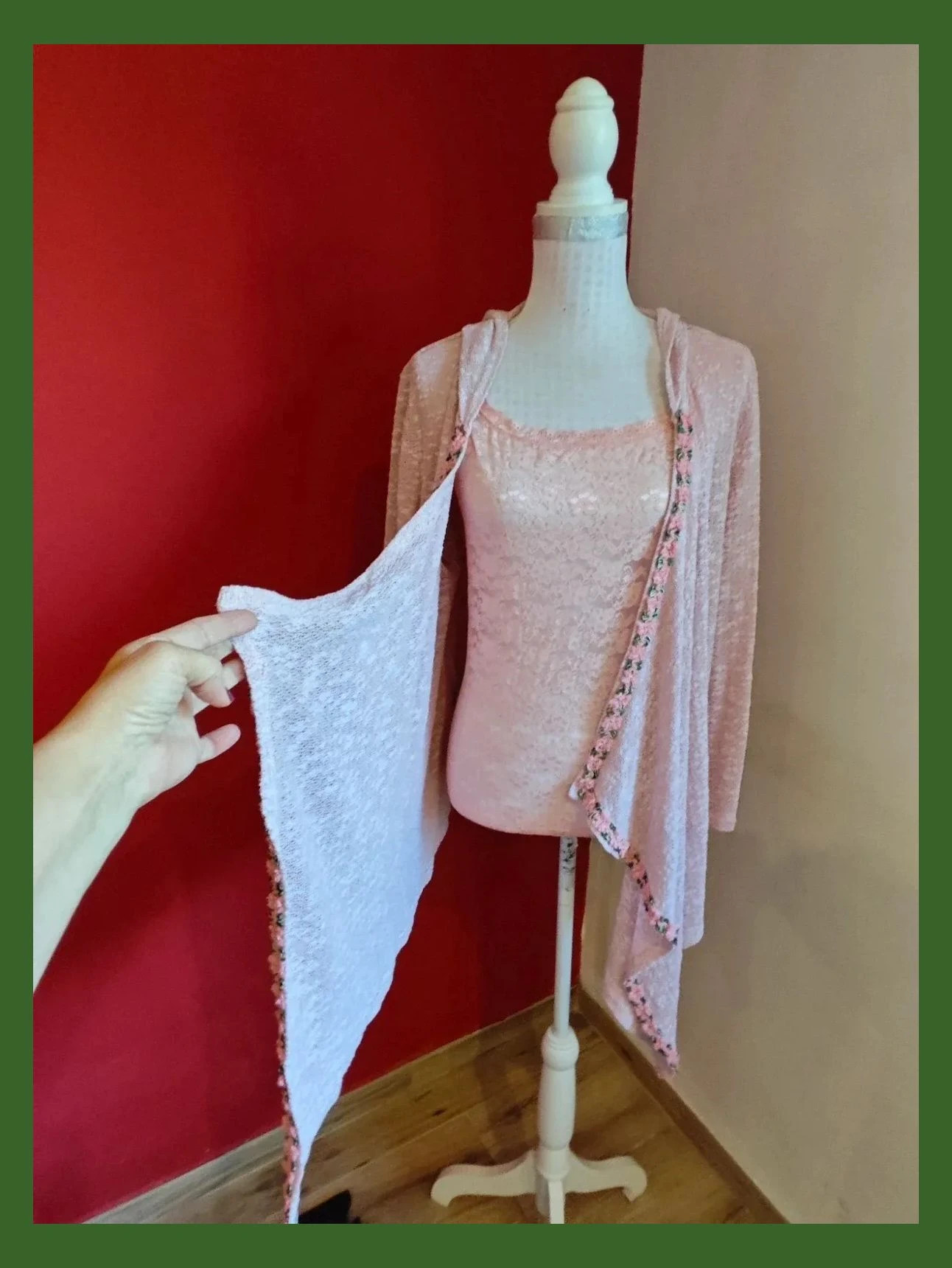 🌺Original chaqueta de punto de algodón rosa jaspeado con pasamanería bordada – Colours of the World – taille 4XL / 48 / 20 3