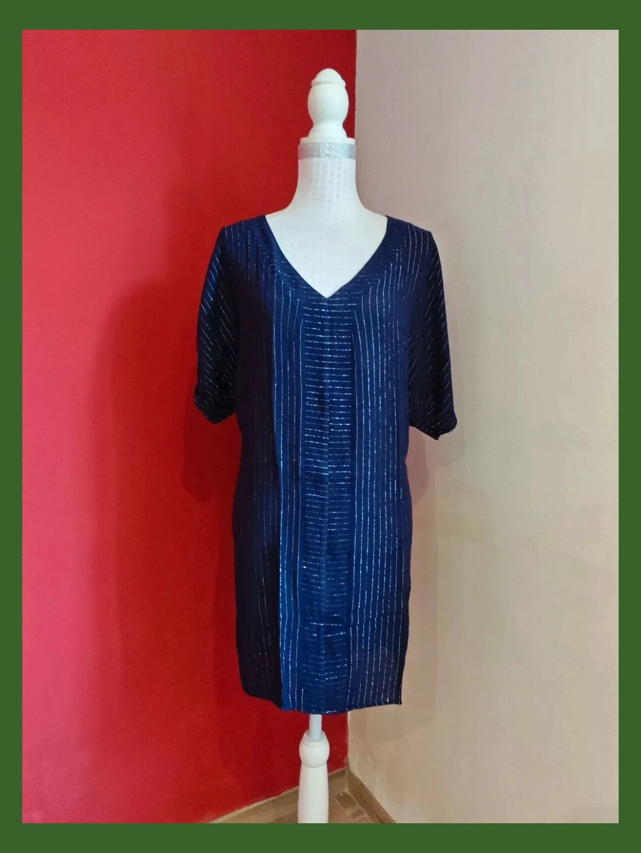 🌺 Bonito caftán azul marino con hilos plateados – Vintage Dressing – taille 5XL / 50 / 22