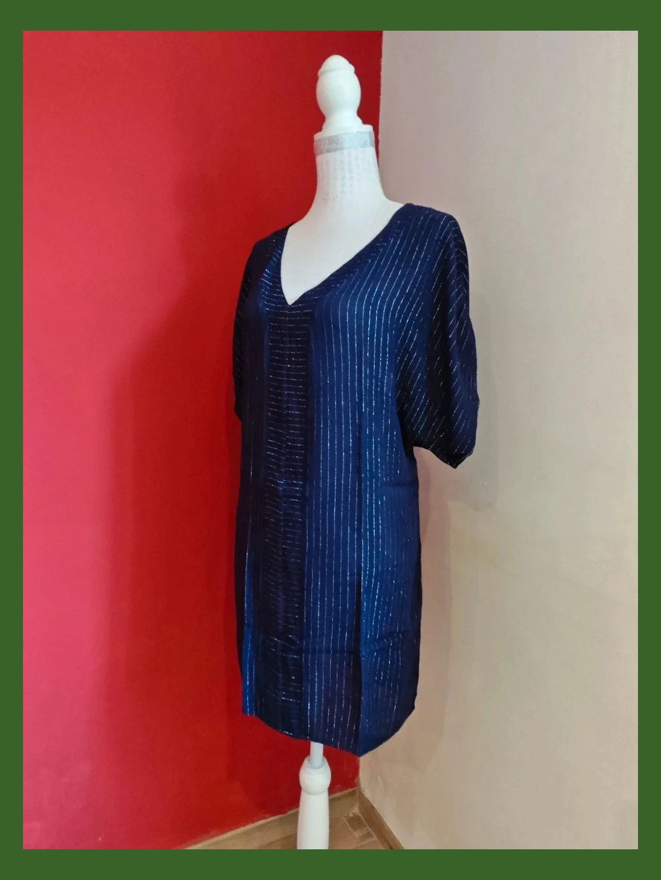 🌺 Bonito caftán azul marino con hilos plateados – Vintage Dressing – taille 5XL / 50 / 22 2