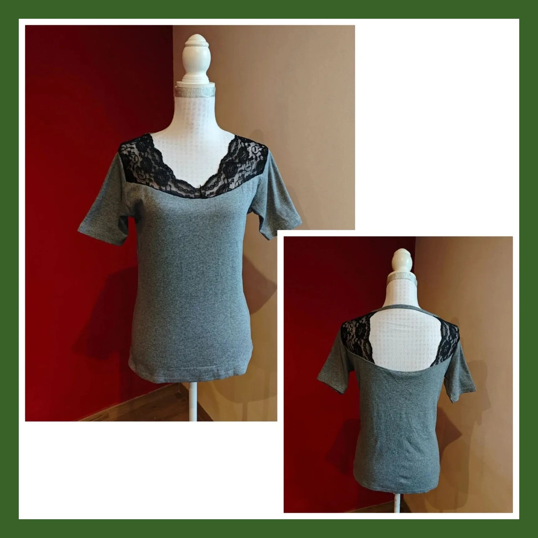 🌺 Original camiseta gris con blonda negra en hombros y espalda superior abierta – ME & YOU – taille L / 40 / 12