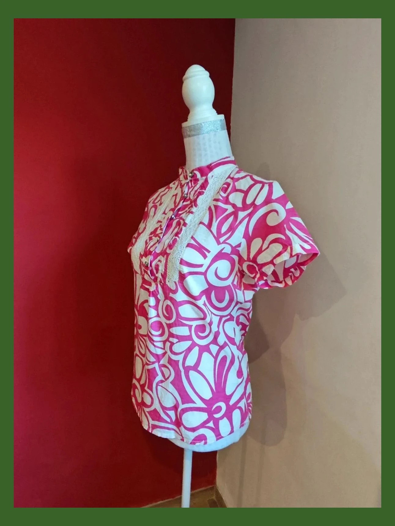 🌺Blusa de algodón estampado fucsia y blanco con crochet en escote – Dabutong – taille L / 40 / 12 2