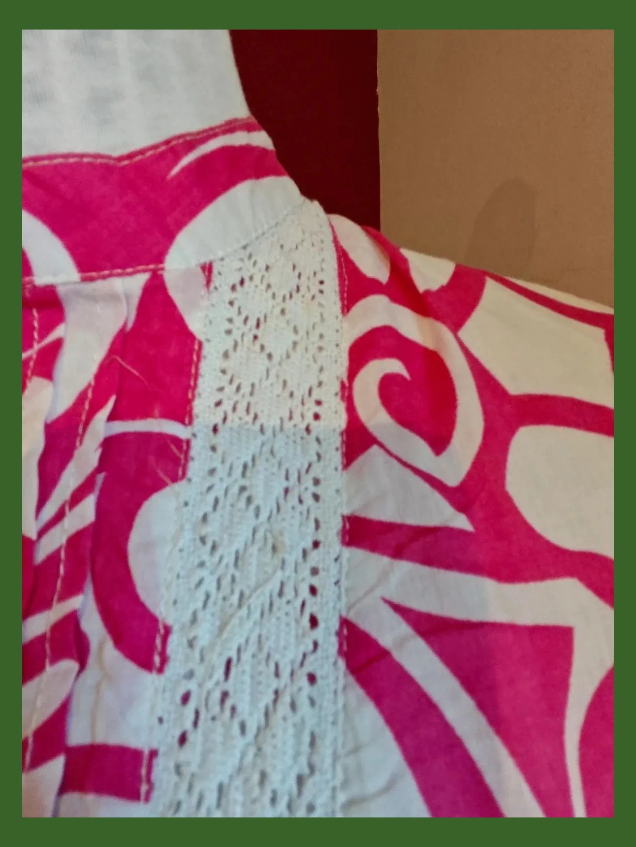 🌺Blusa de algodón estampado fucsia y blanco con crochet en escote – Dabutong – taille L / 40 / 12 3