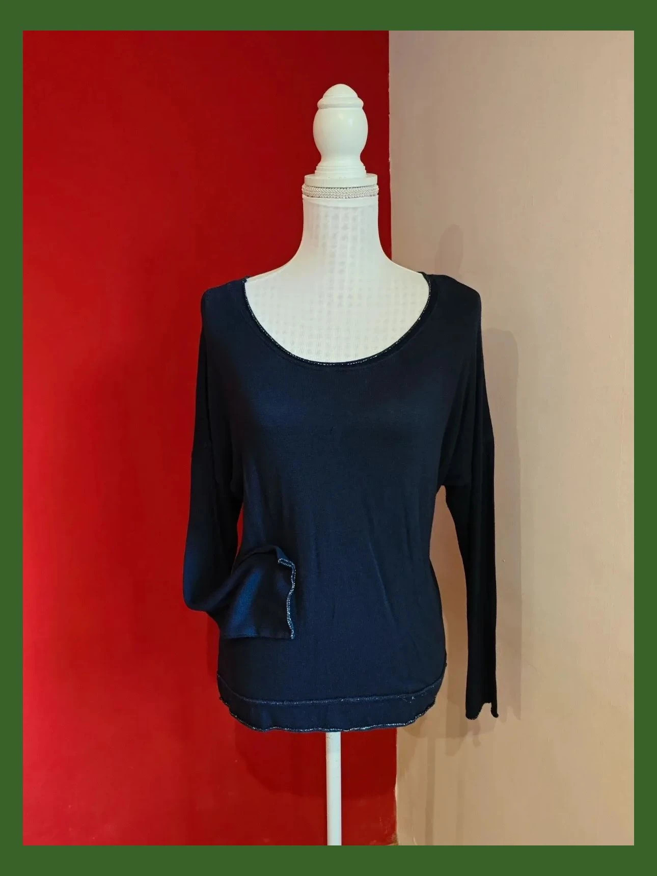 🌺 Camiseta de punto azul marino con bordes plateados – New Collection – taille XXL / 44 / 16