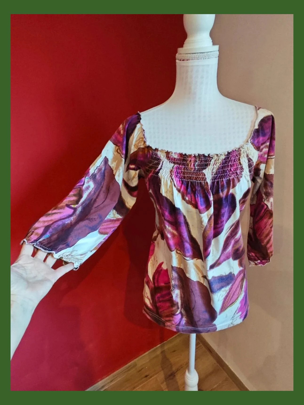 🌺 Bonita camiseta estampada tonos beige, morado, fucsia y marrón, con punto de abeja en escote – HHG – taille L / 40 / 12 2