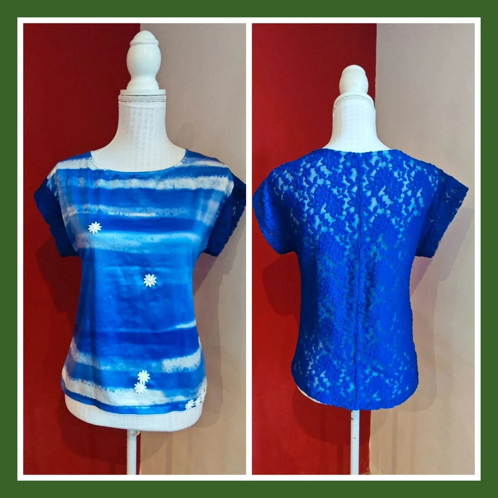 🌺Camiseta de raso en tonos azules y blanco delante y blonda azulona detrás y margaritas blancas – quart – taille M / 38 / 10
