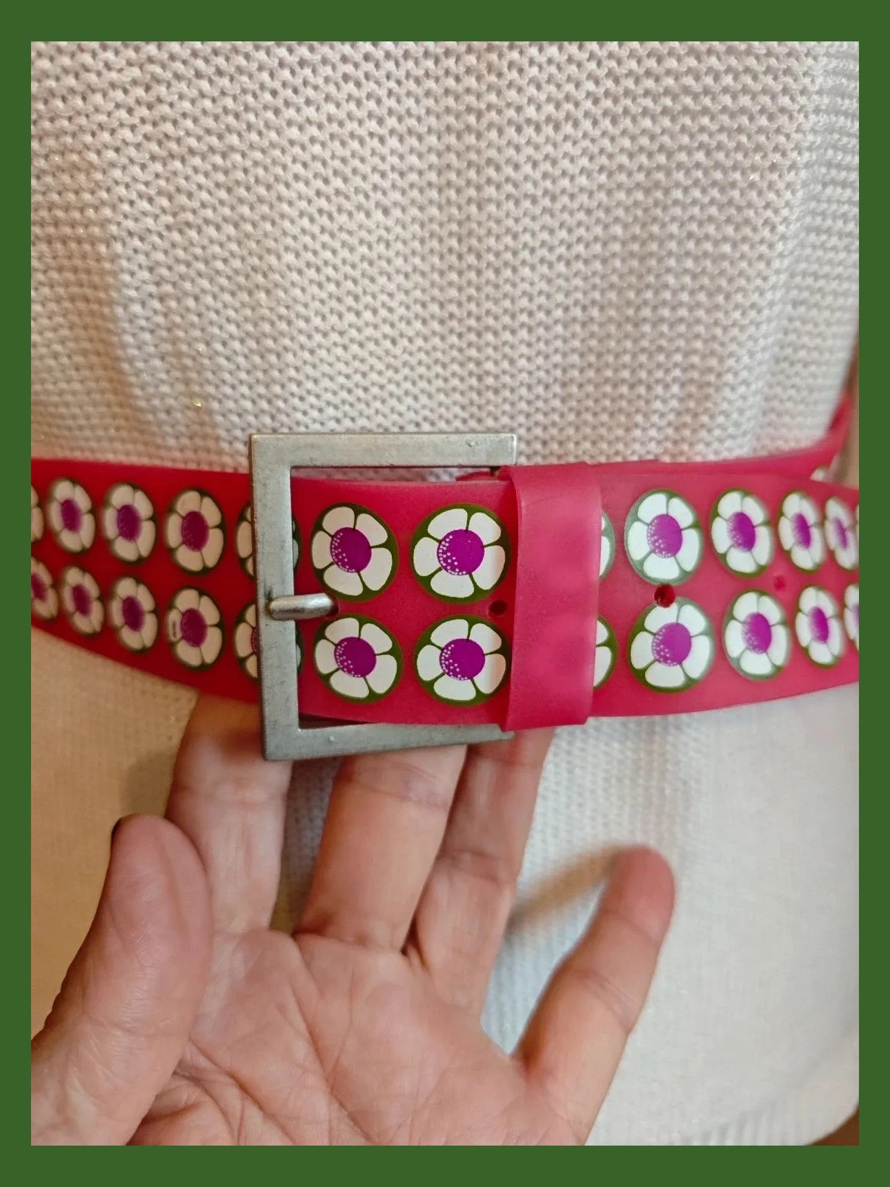 🌺 Cinturón de silicona rosa con flores estampadas y hebilla plateada – taille 95 cm 3