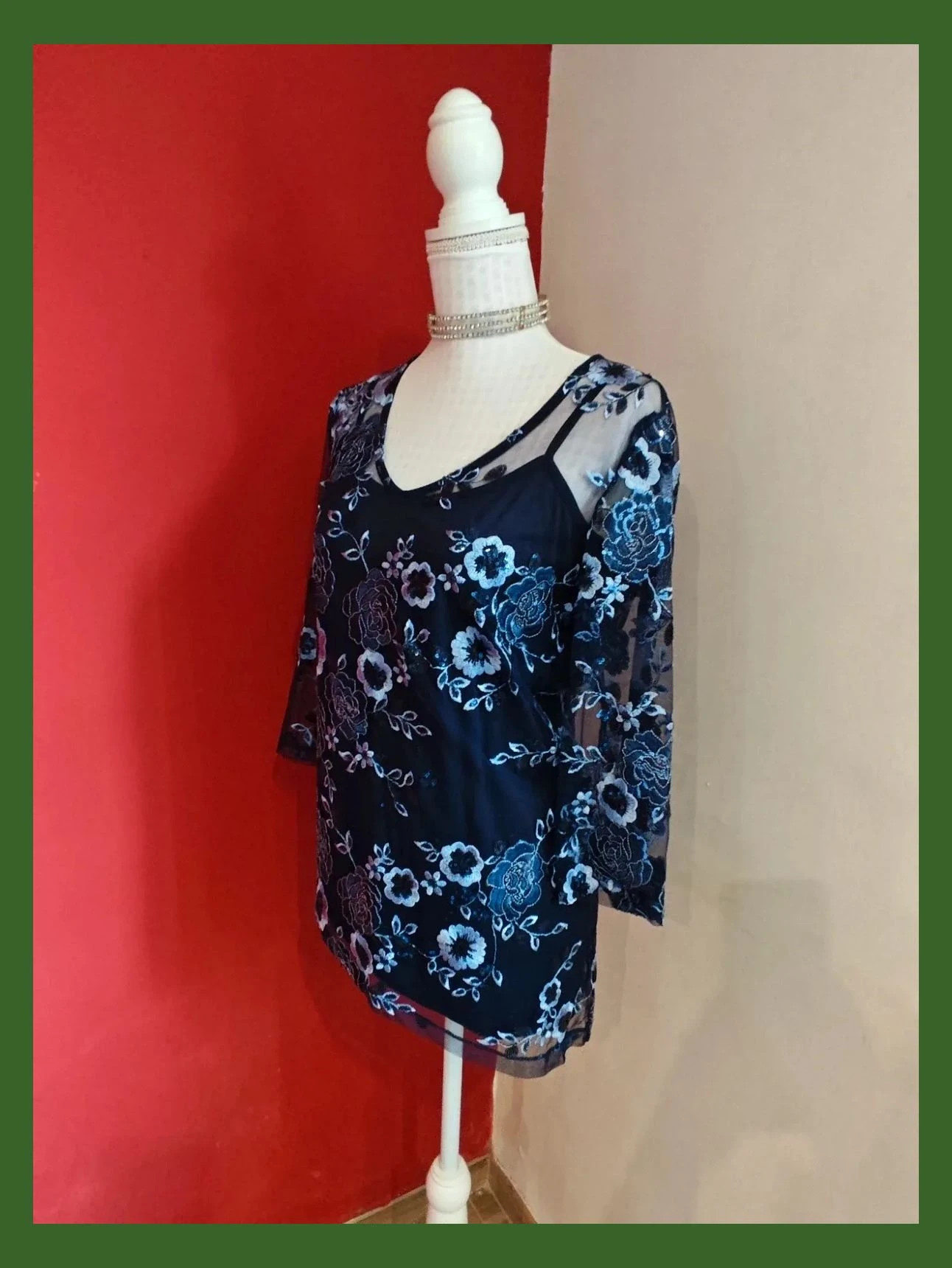 🌺Blusa para eventos de gasa azul marino con bordados florales y lentejuelas – Antonio Dominguez – taille XXXL / 46 / 18 2