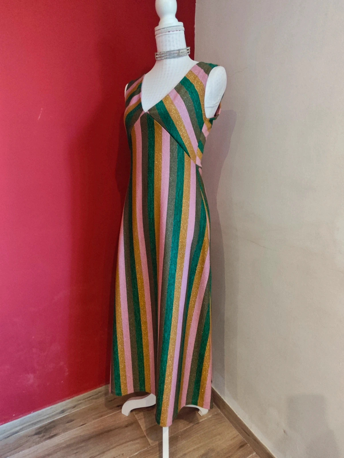 🌺Vestido largo ideal de punto lurex con rayas tonos rosa, verdes y dorado – Sfera Collection – taille M / 38 / 10 2