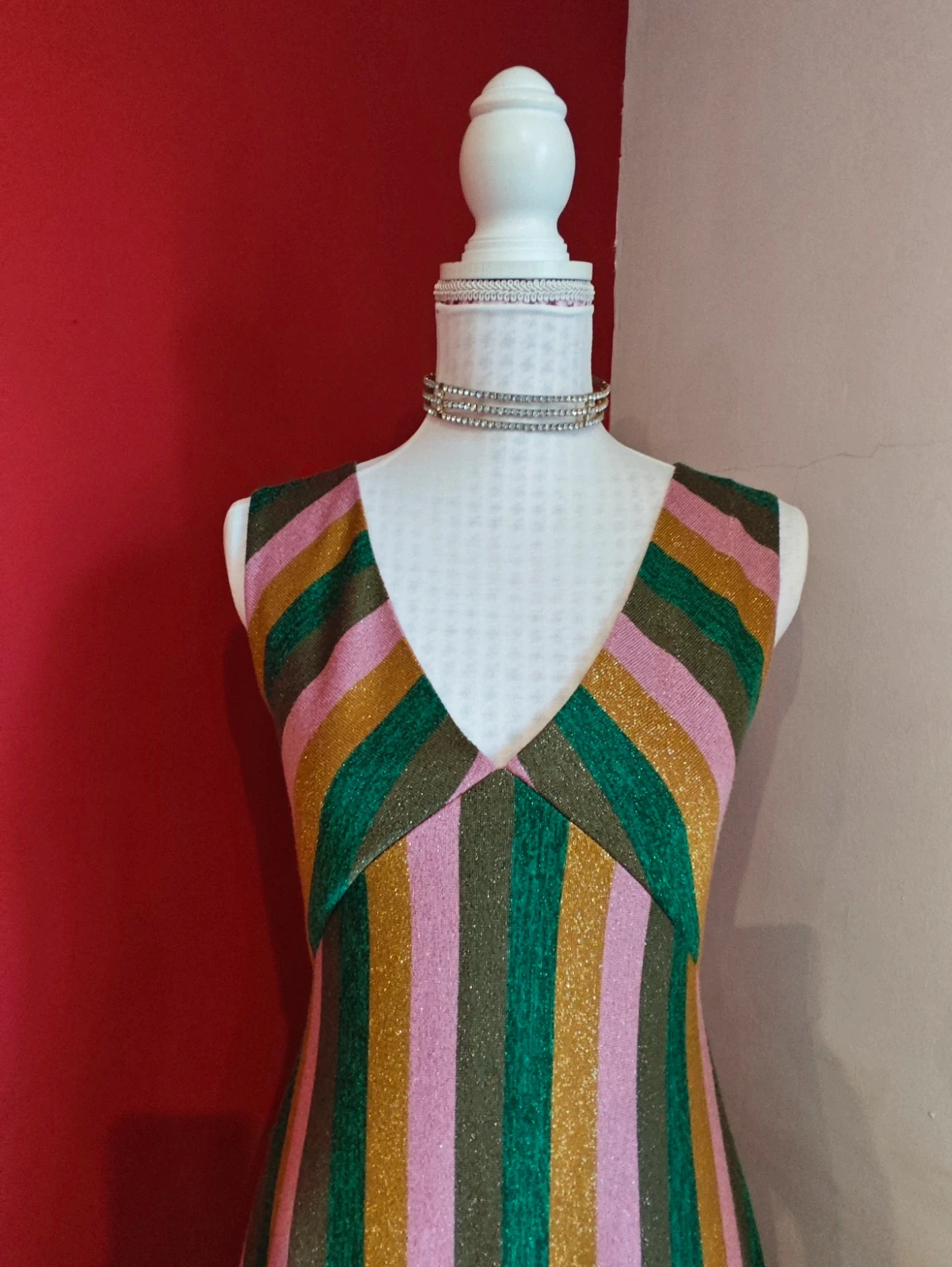 🌺Vestido largo ideal de punto lurex con rayas tonos rosa, verdes y dorado – Sfera Collection – taille M / 38 / 10 3