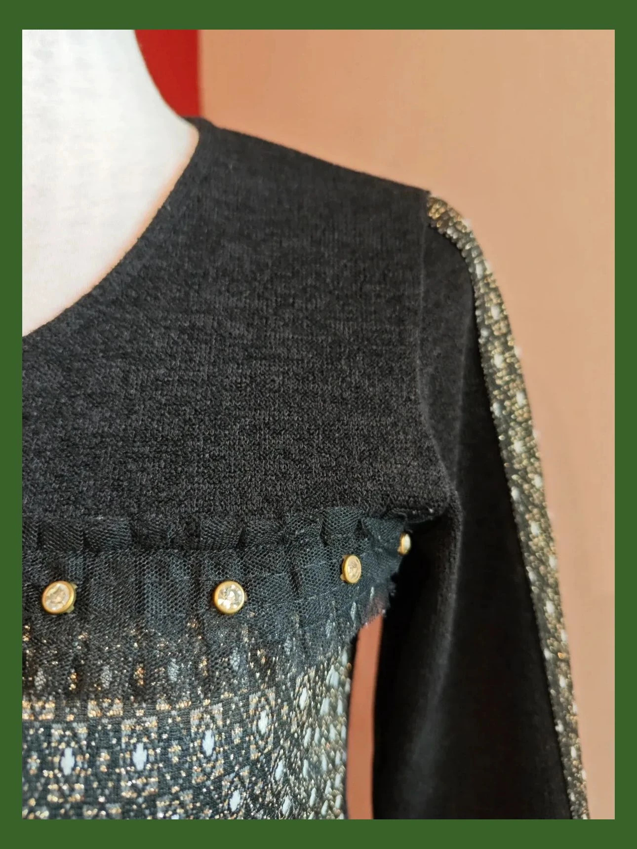 🌺Conjunto de blusa y falda punto negro y figuras doradas y blanco con brillantes y puntilla, talla M – Festa – taille M / 38 / 10 5