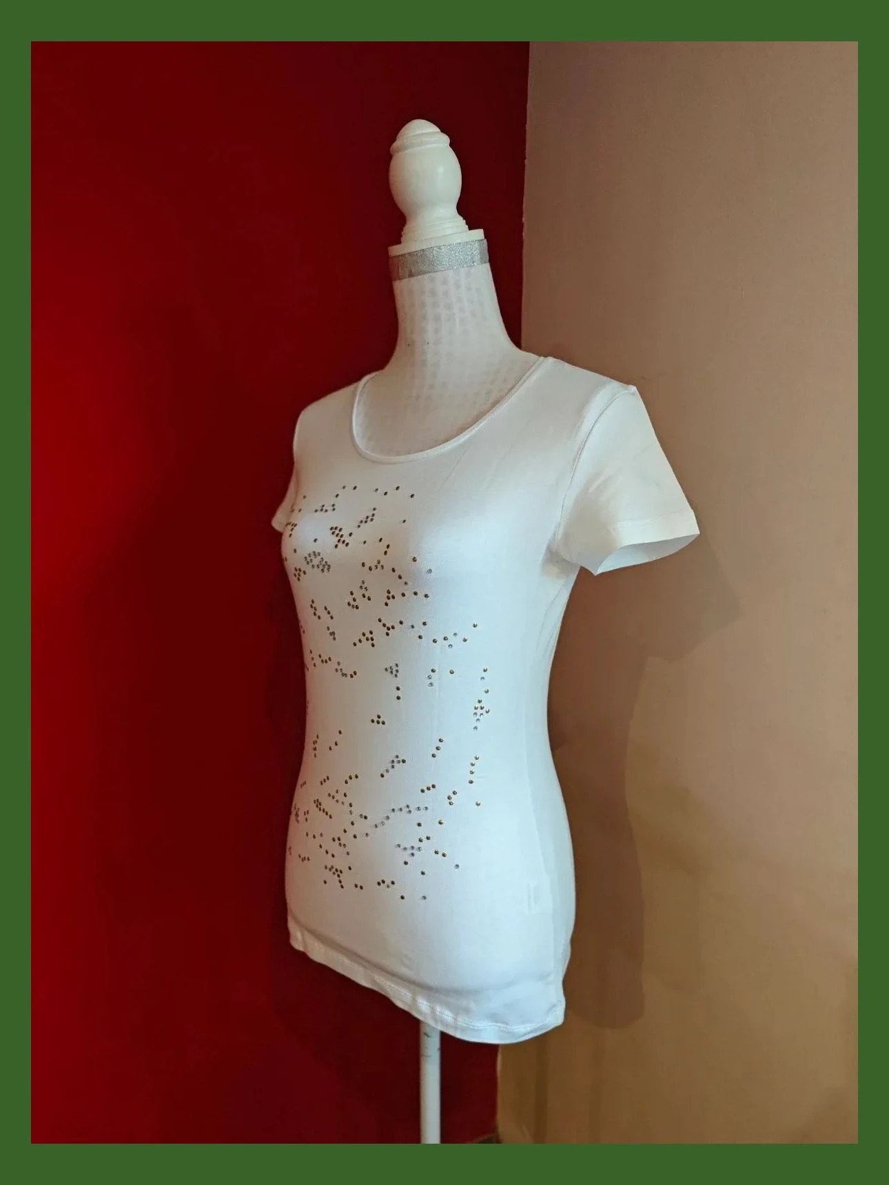🌺Camiseta blanca de algodón con brillantitos y círculos dorados y plateados – Duranti – taille S / 36 / 8 2