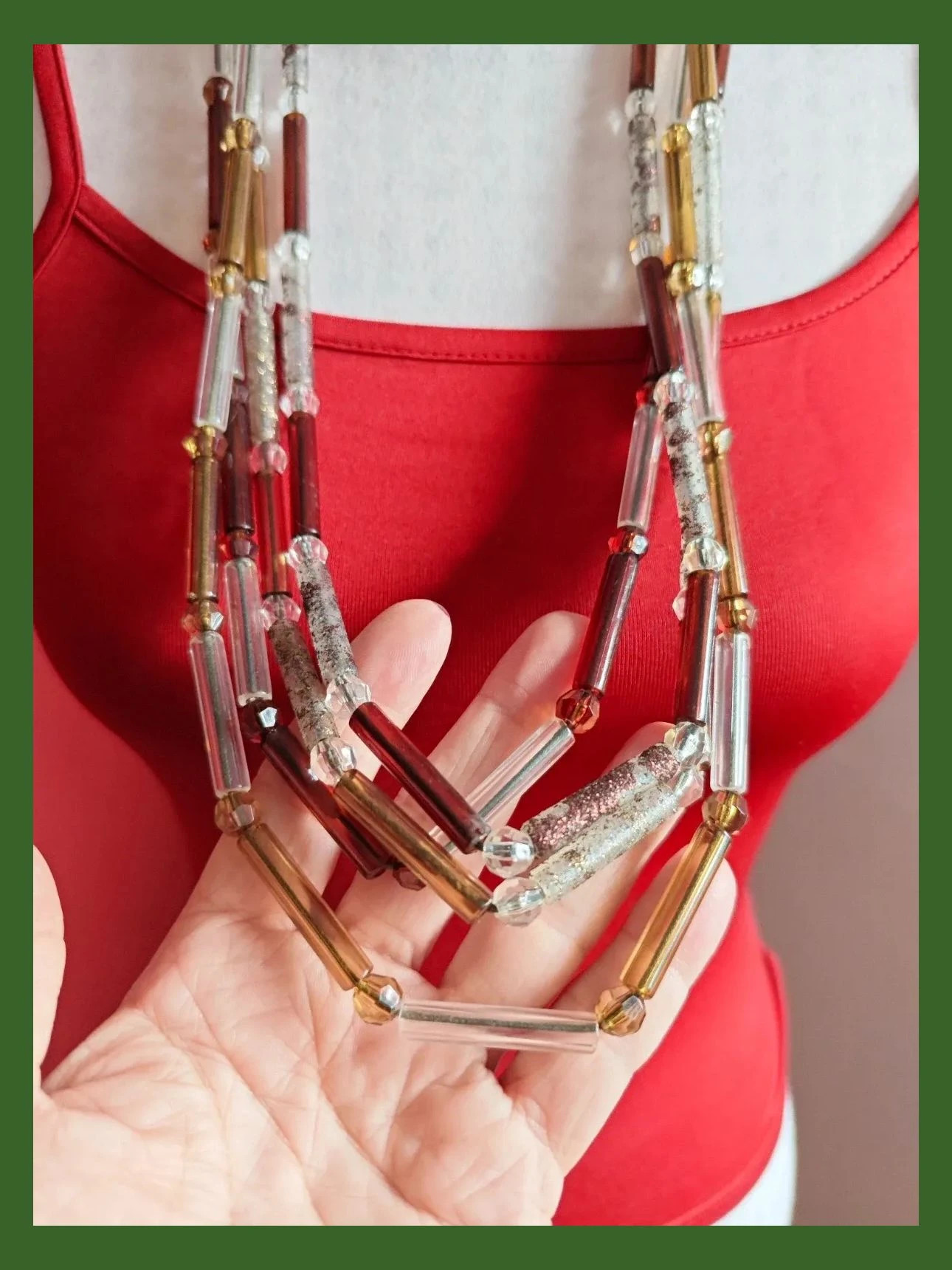 🌺Collar de 4 vueltas de abalorios marrón y plateado con purpurina y con cordón – Vintage Chic 2